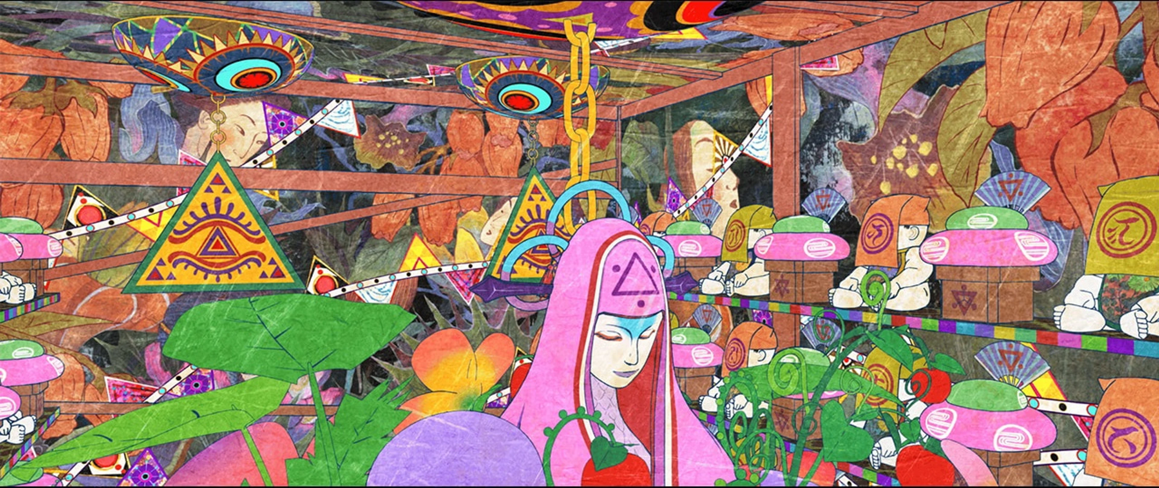 A pink-robed figure stands in a palace room covered in colorful geometric designs.