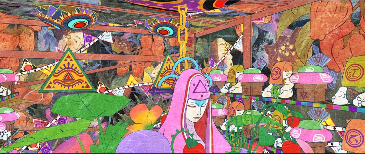 A pink-robed figure stands in a palace room covered in colorful geometric designs.