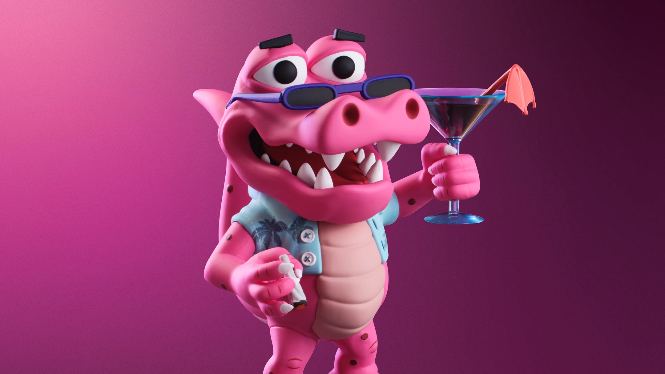 The pink Macca the Gator collectible figure holds a cigar and a martini against a pink background.