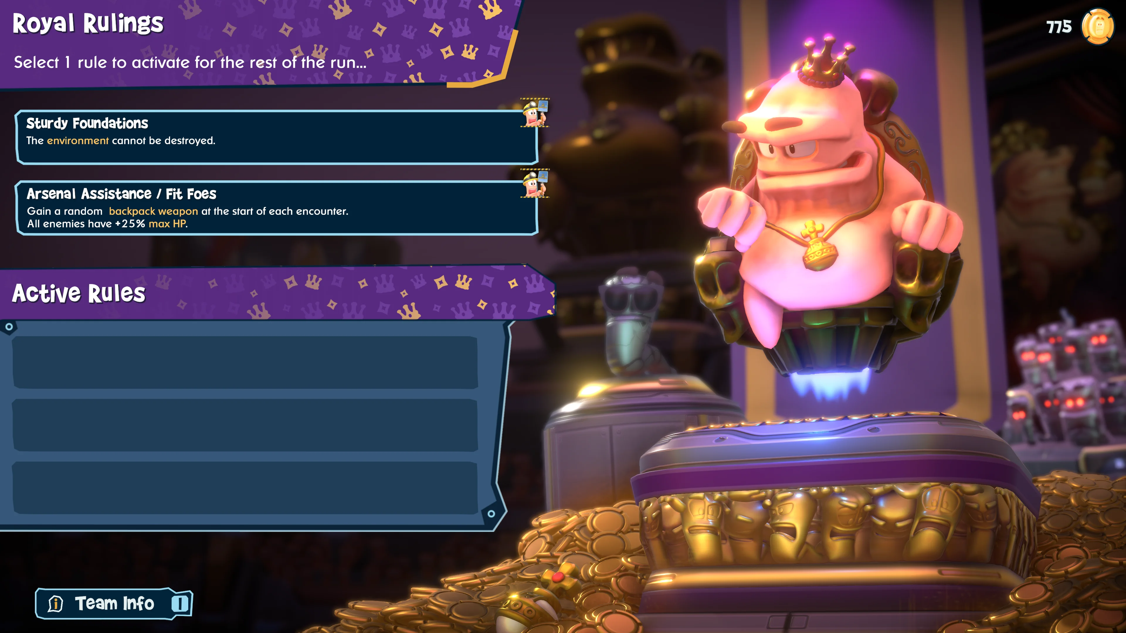 Emperor Flugg floats above piles of coins beside a menu of Royal Rulings for the current run.