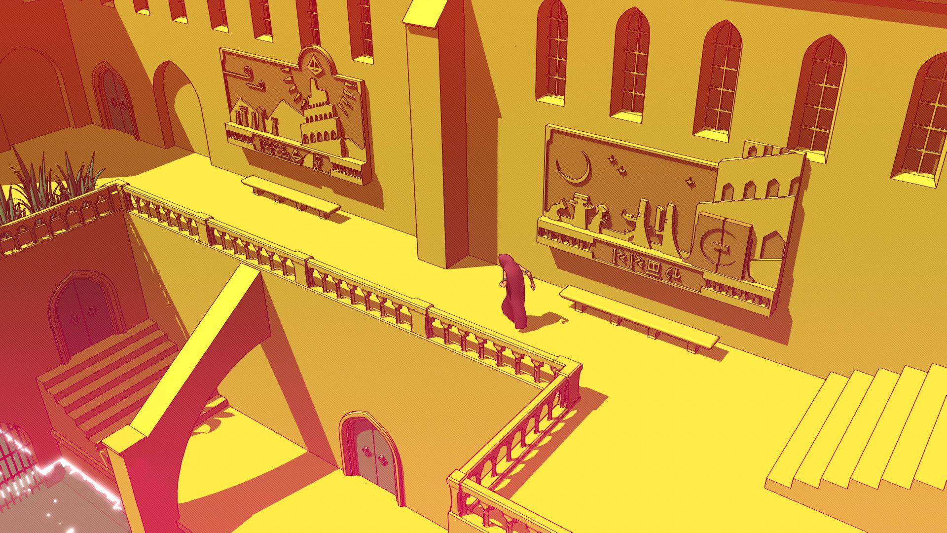 A traveler walks beside carved walls and a large stairway in Chants of Sennaar.