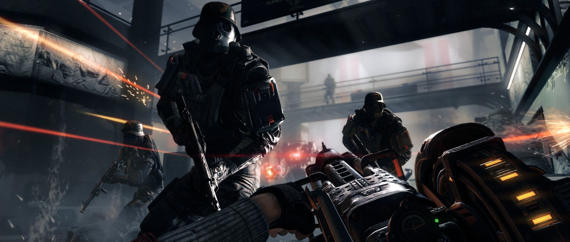 First-person weapon faces several armored soldiers in a large hall.
