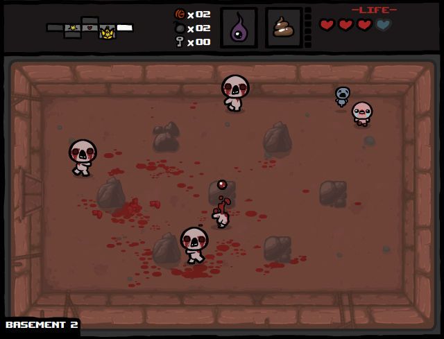 Isaac and skeletal enemies in a Basement 2 room, with health and item counters at the top.