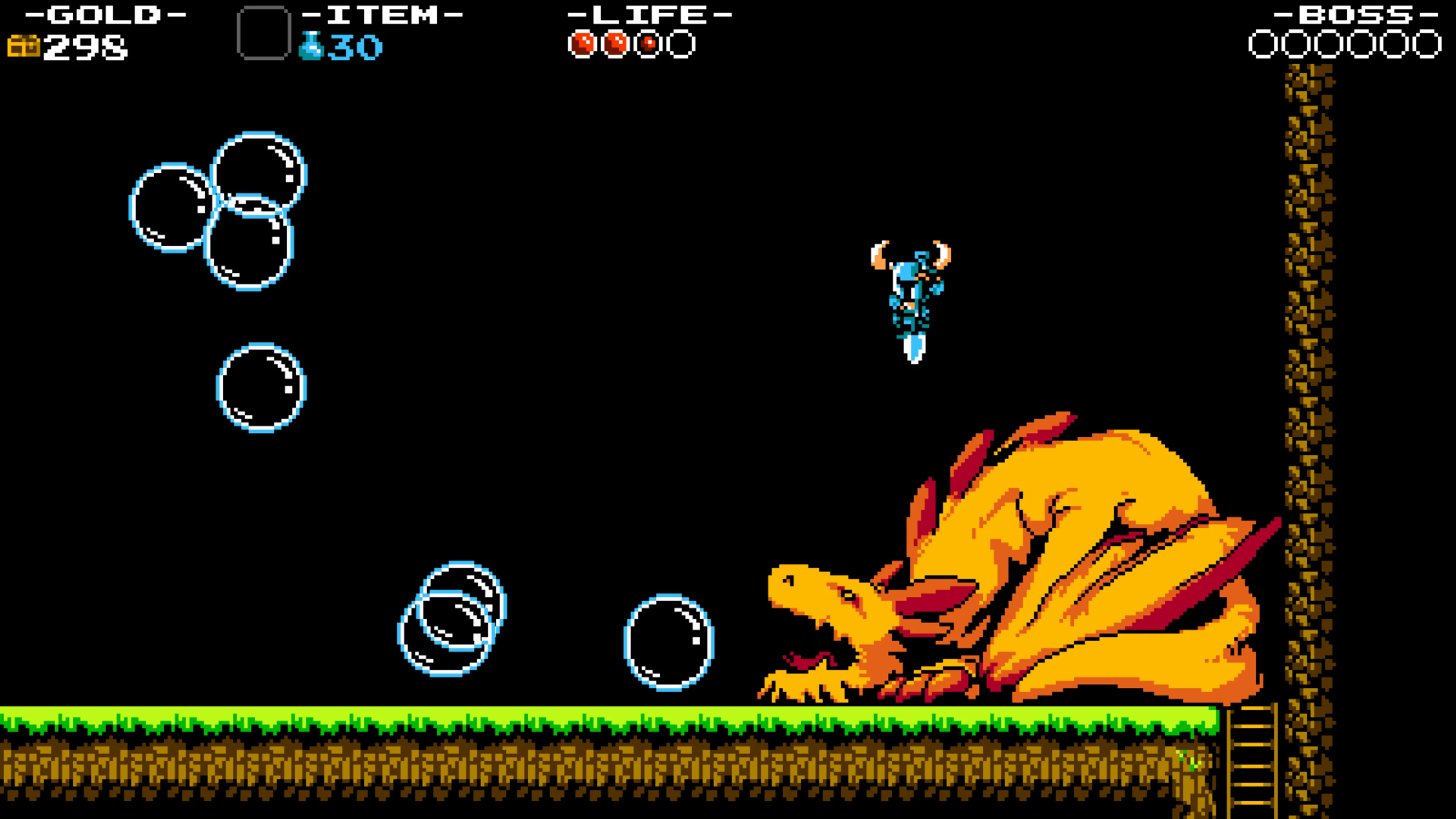 Official later boss screenshot: Shovel Knight is airborne with the shovel pointing straight down above a large orange dragon; blue bubbles float nearby.