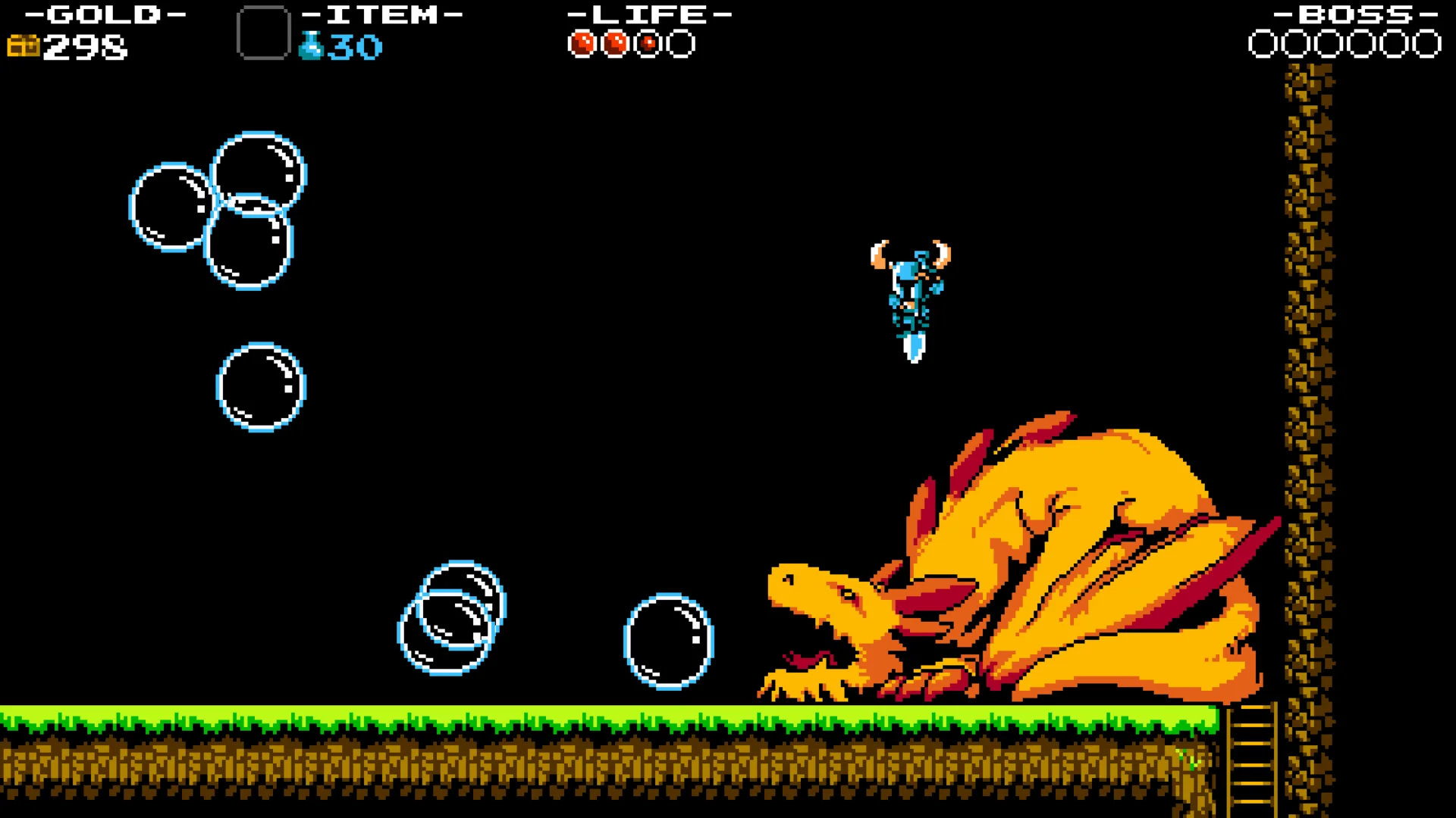 Official later boss screenshot: Shovel Knight is airborne with the shovel pointing straight down above a large orange dragon; blue bubbles float nearby.