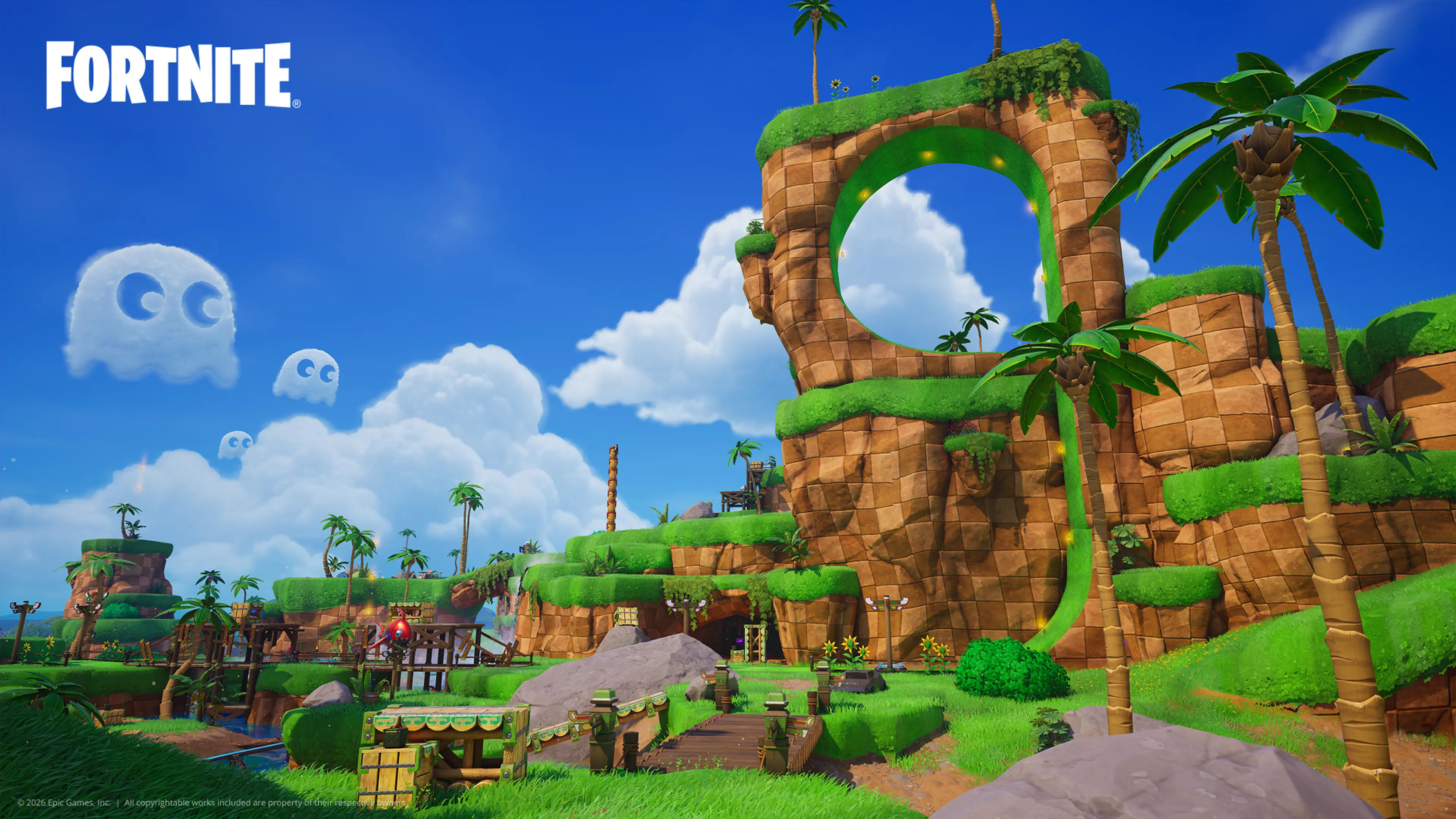 A Fortnite island area with a grassy loop, palm trees, and pixel-art clouds.