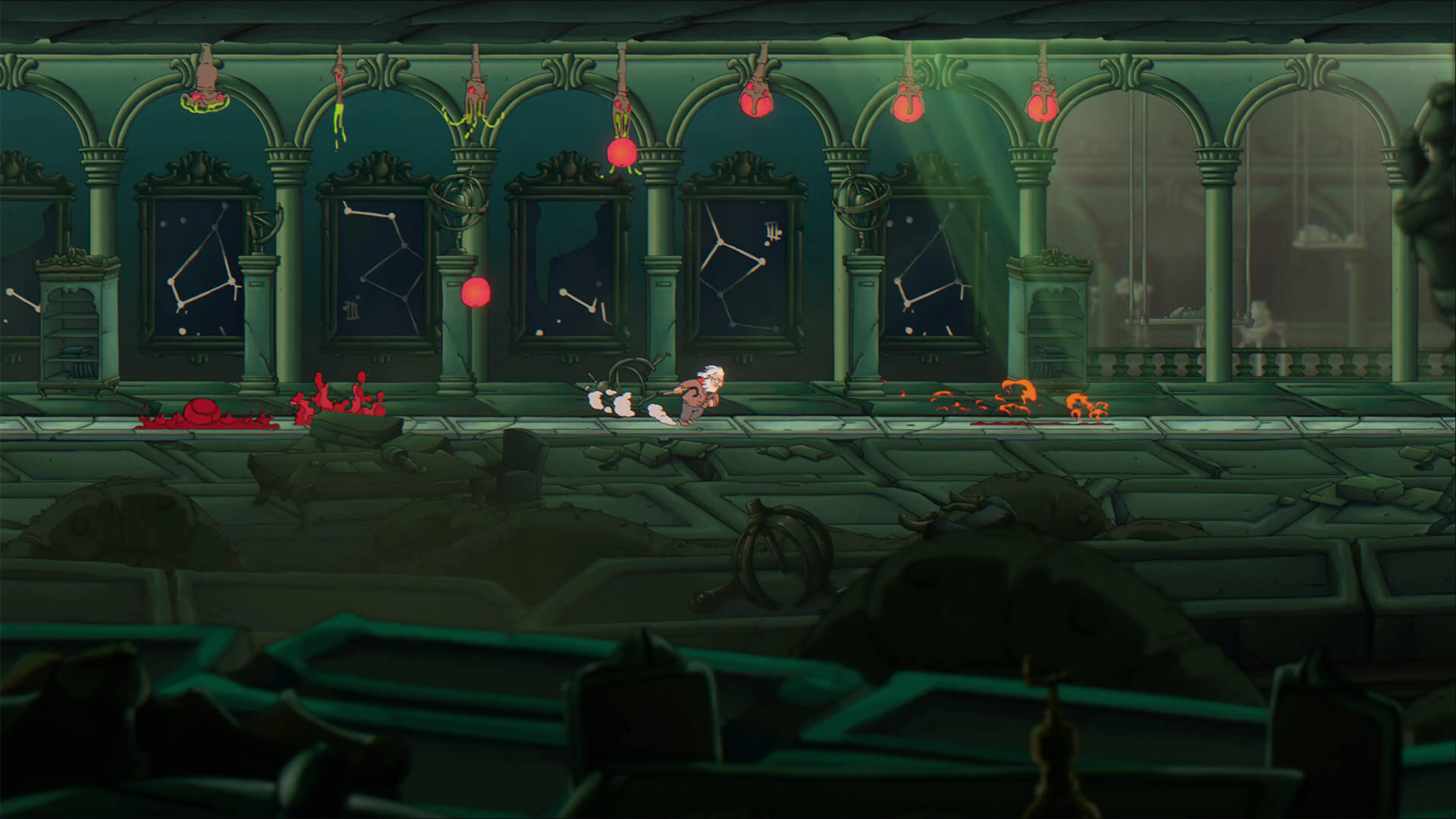 Goldman runs through a dark hall filled with traps.