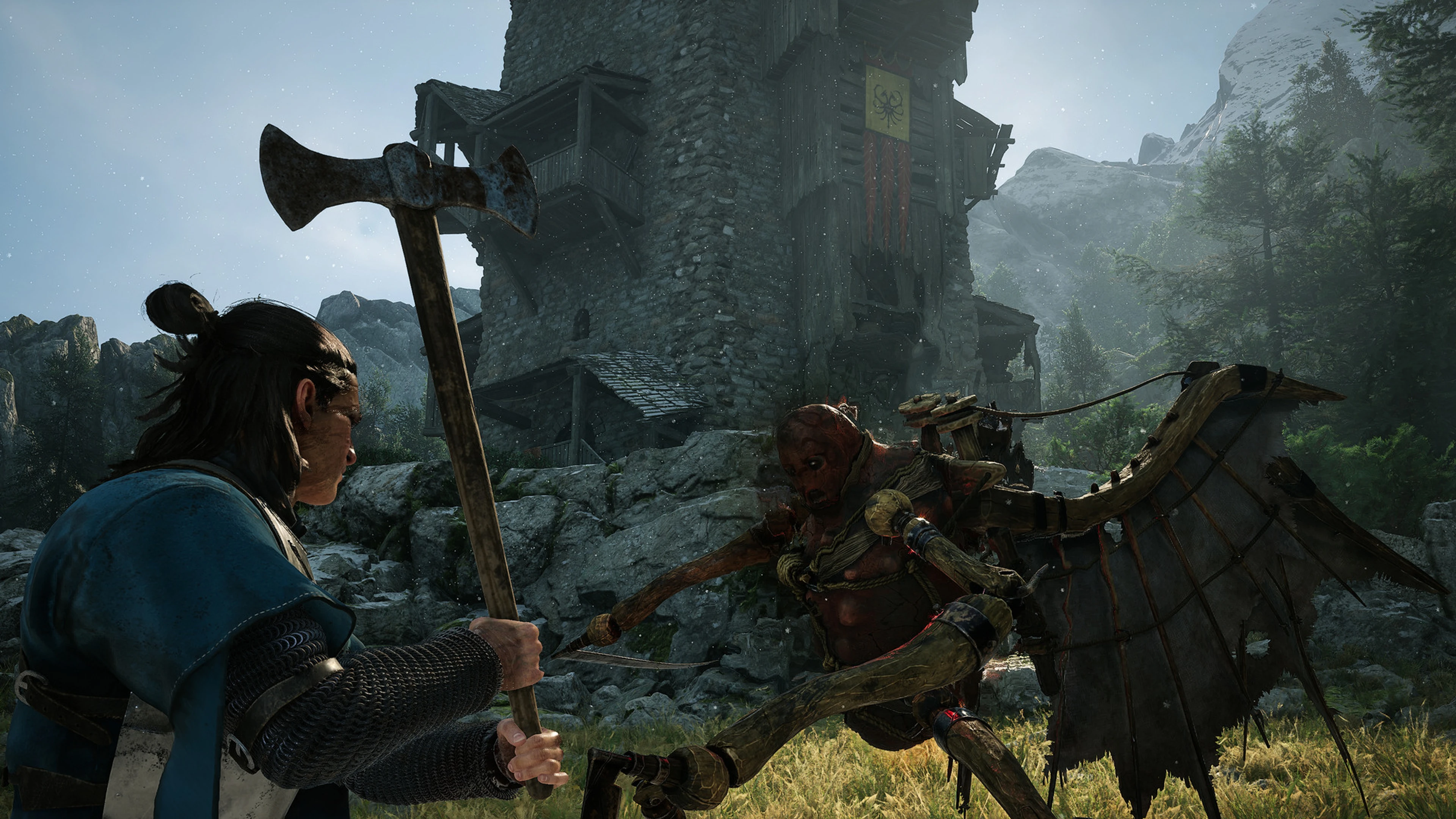 Coen fights a winged creature below a ruined stone tower in The Blood of Dawnwalker.