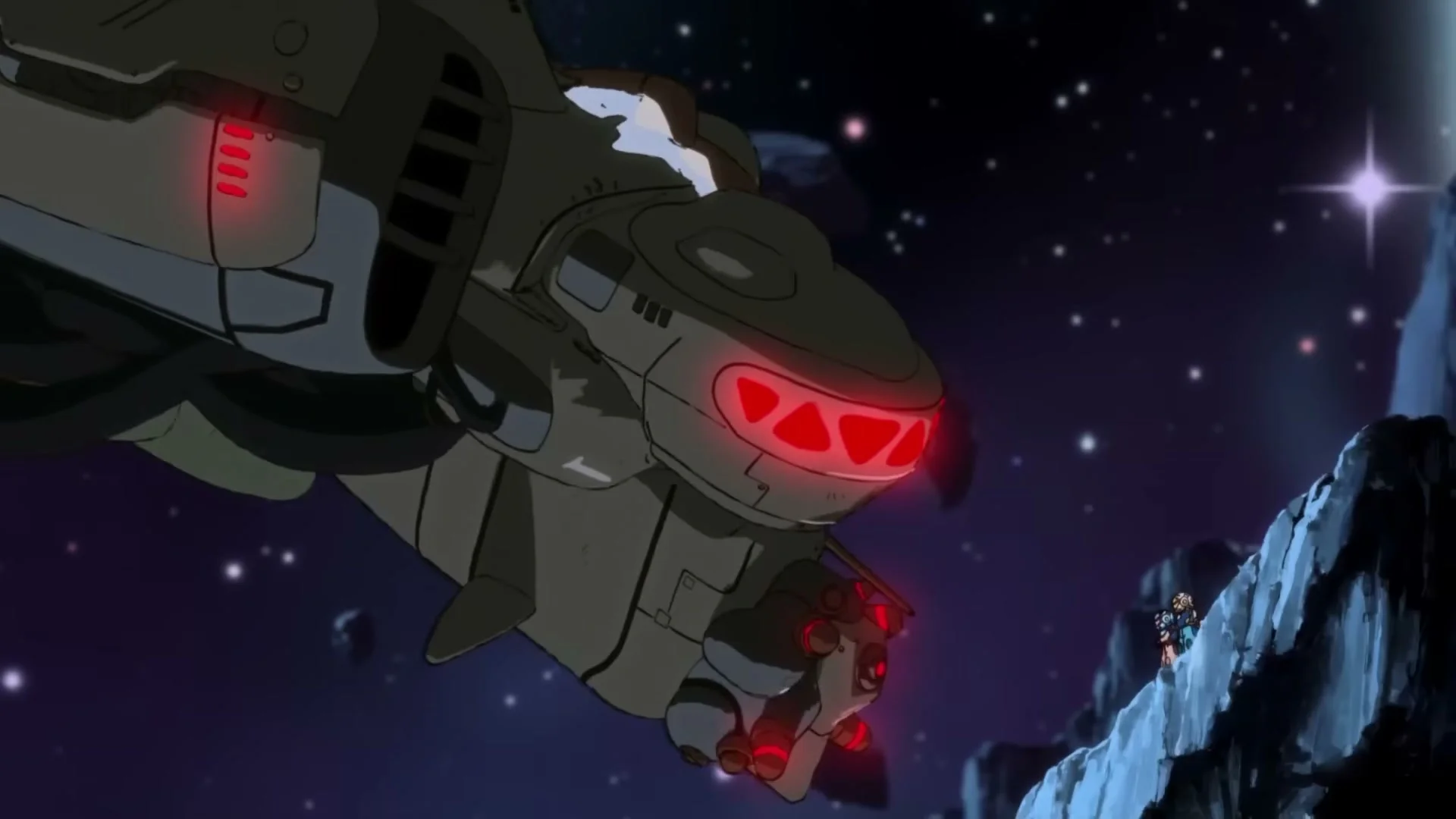 A large spacecraft approaches Maki and Omura on a rocky ledge in Orbitals.