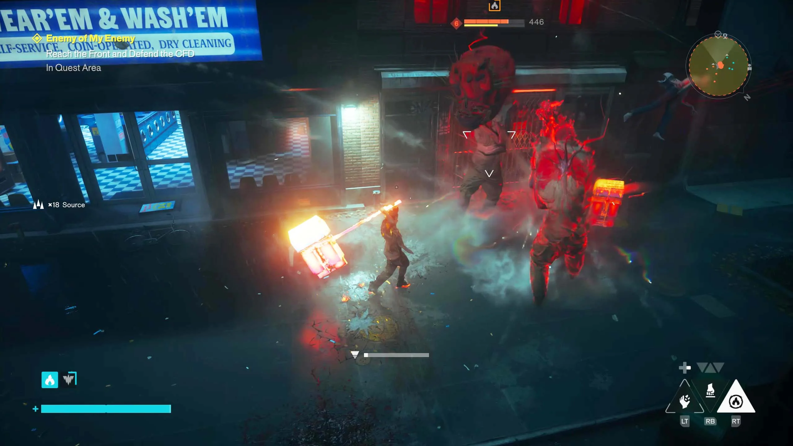 Dylan swings a glowing hammer toward enemies outside a laundromat.