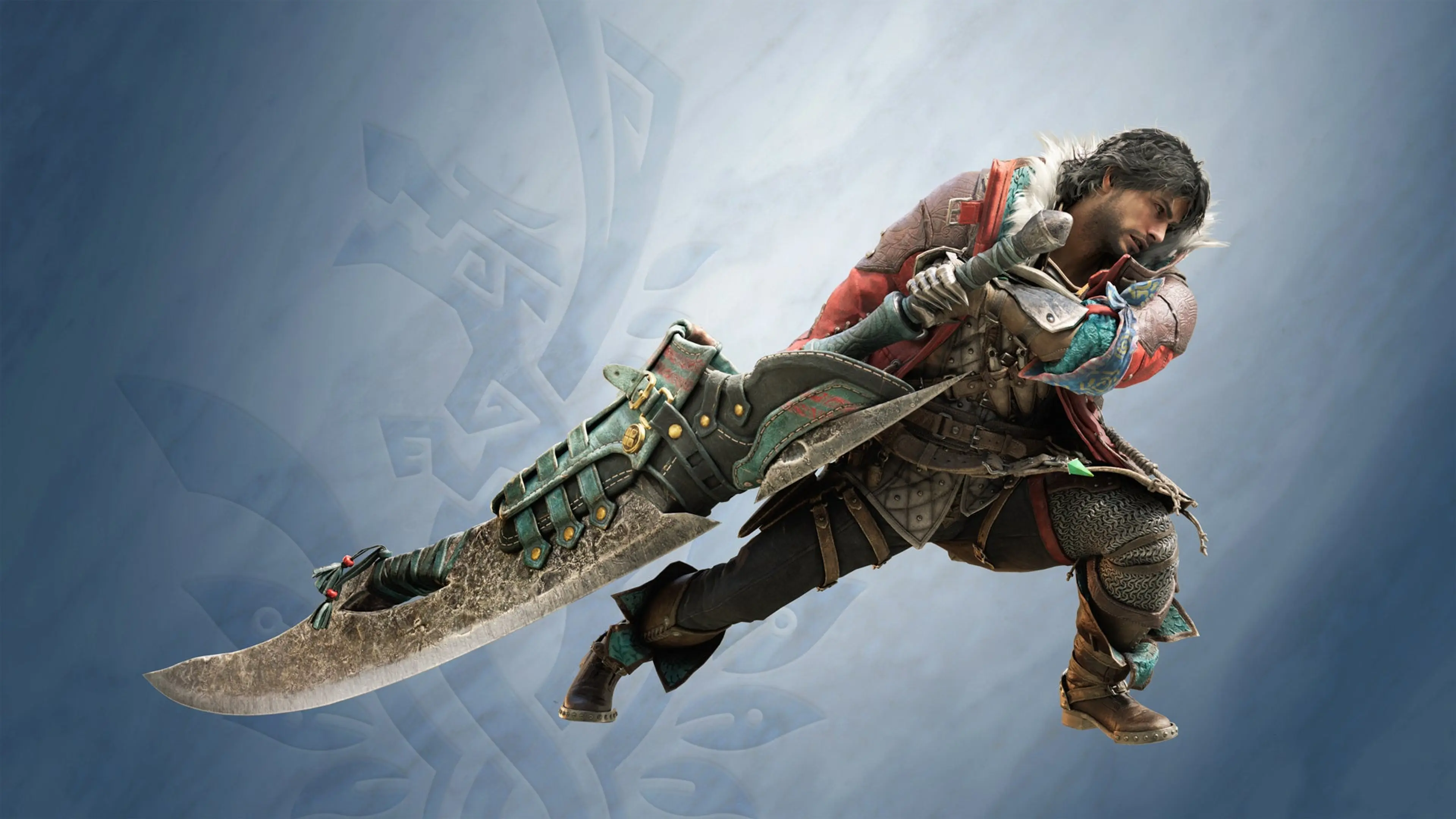 A hunter poses with a large Great Sword in official Monster Hunter Wilds: Ascendance art.