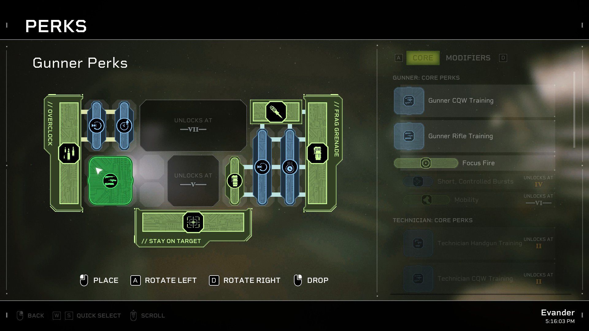 The Gunner perk grid and available training choices in Aliens: Fireteam Elite.