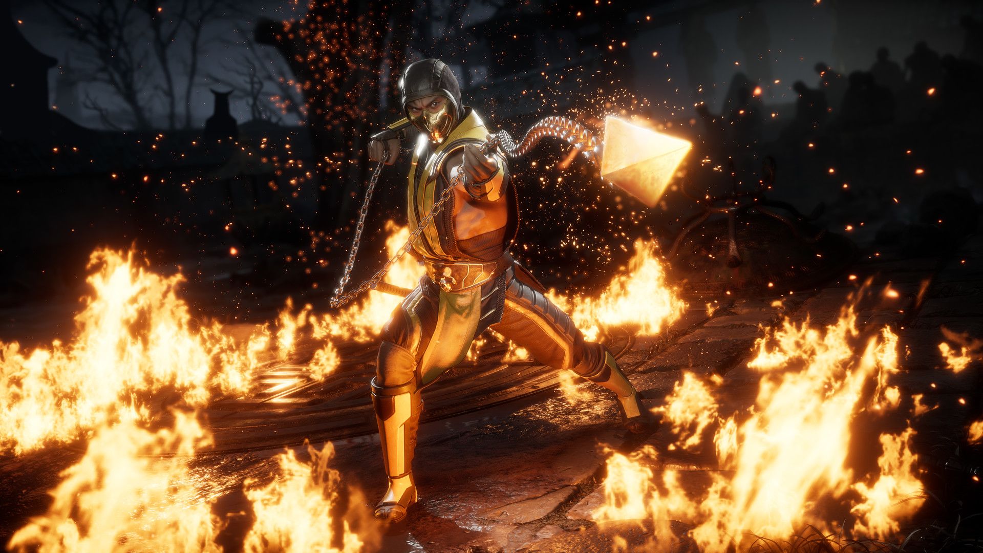 Scorpion stands in a fighting arena as flames surround his attack.