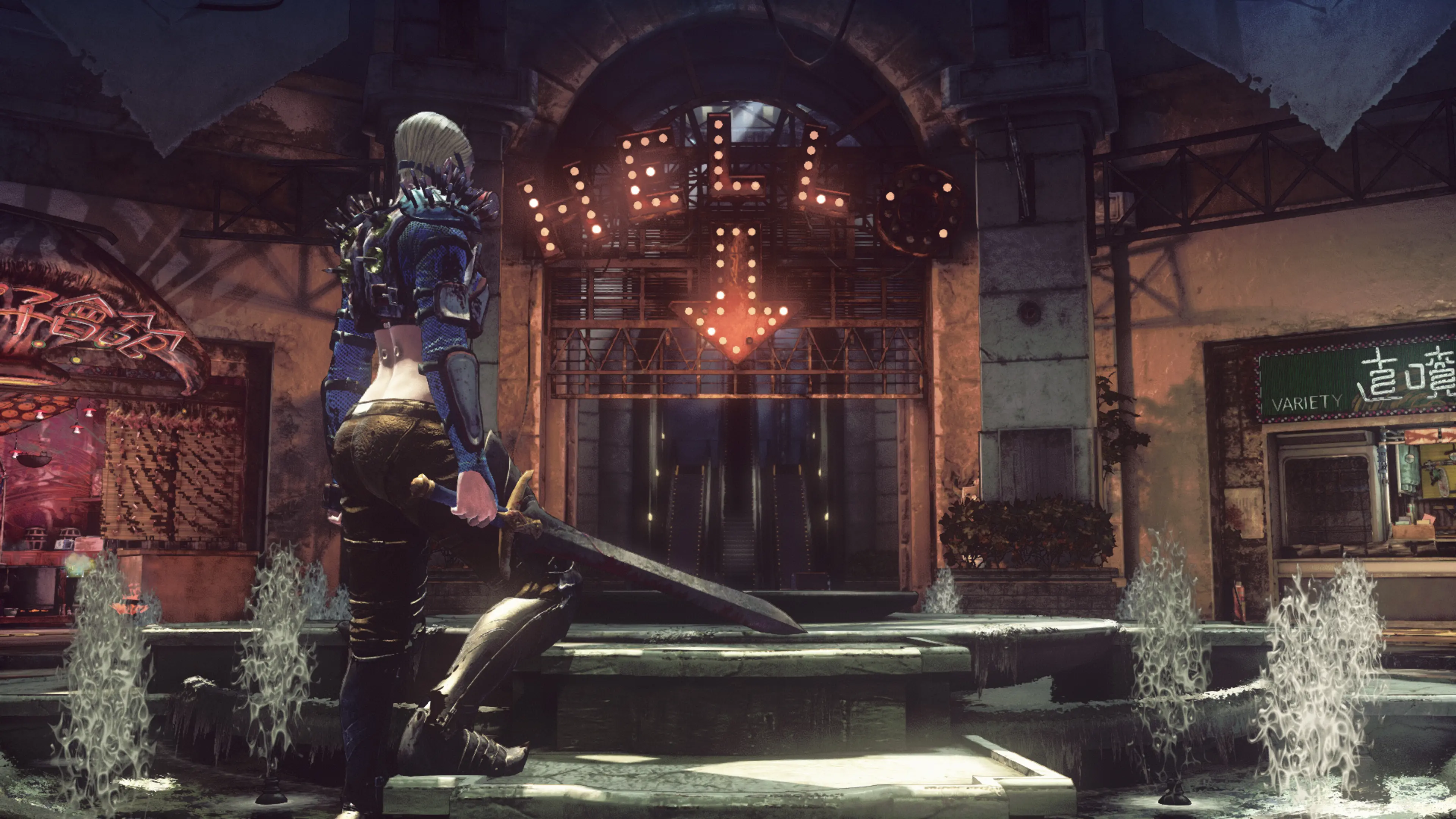 An armored fighter faces an illuminated escalator inside the Tower of Barbs in LET IT DIE.