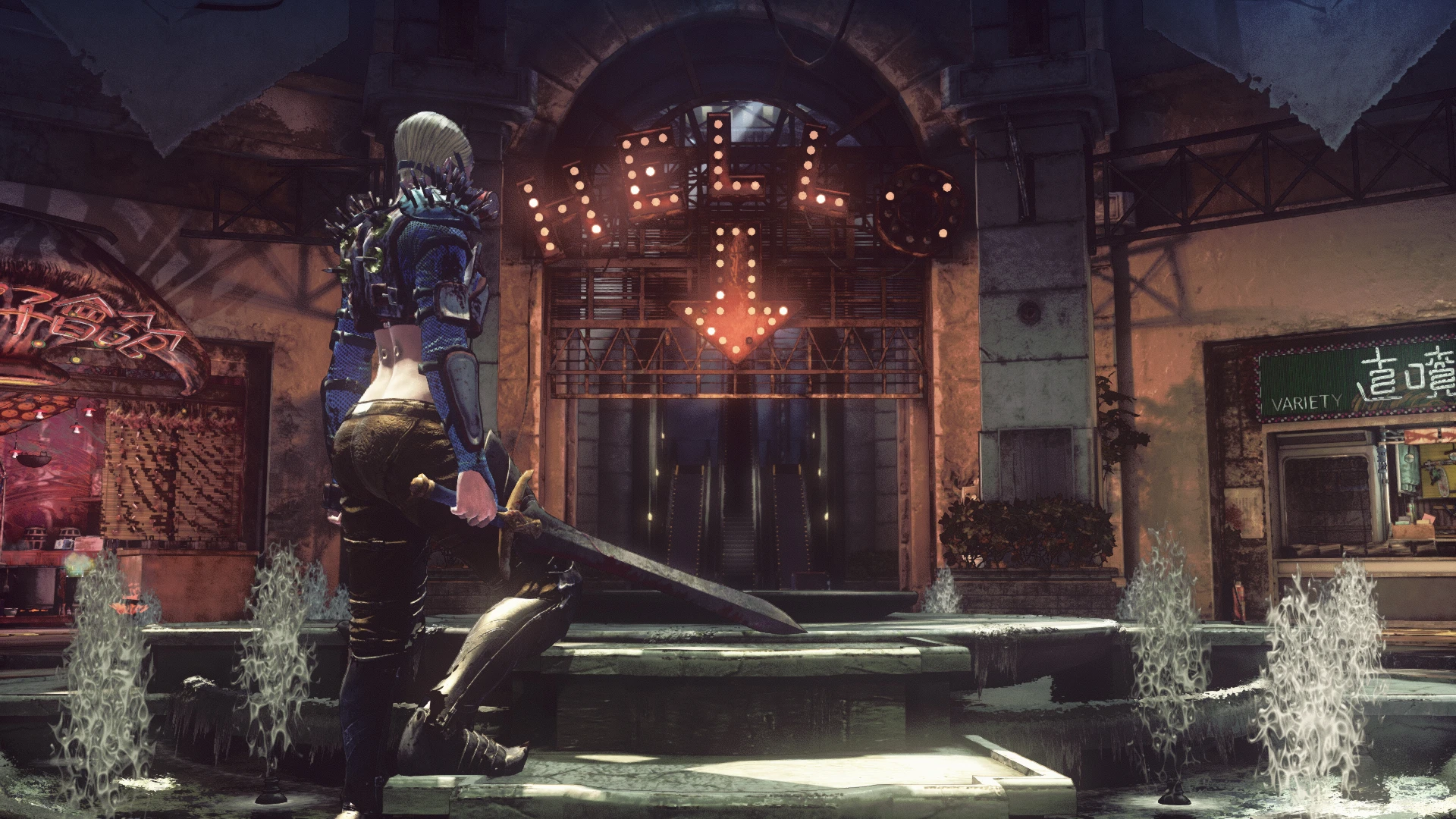 An armored fighter faces an illuminated escalator inside the Tower of Barbs in LET IT DIE.