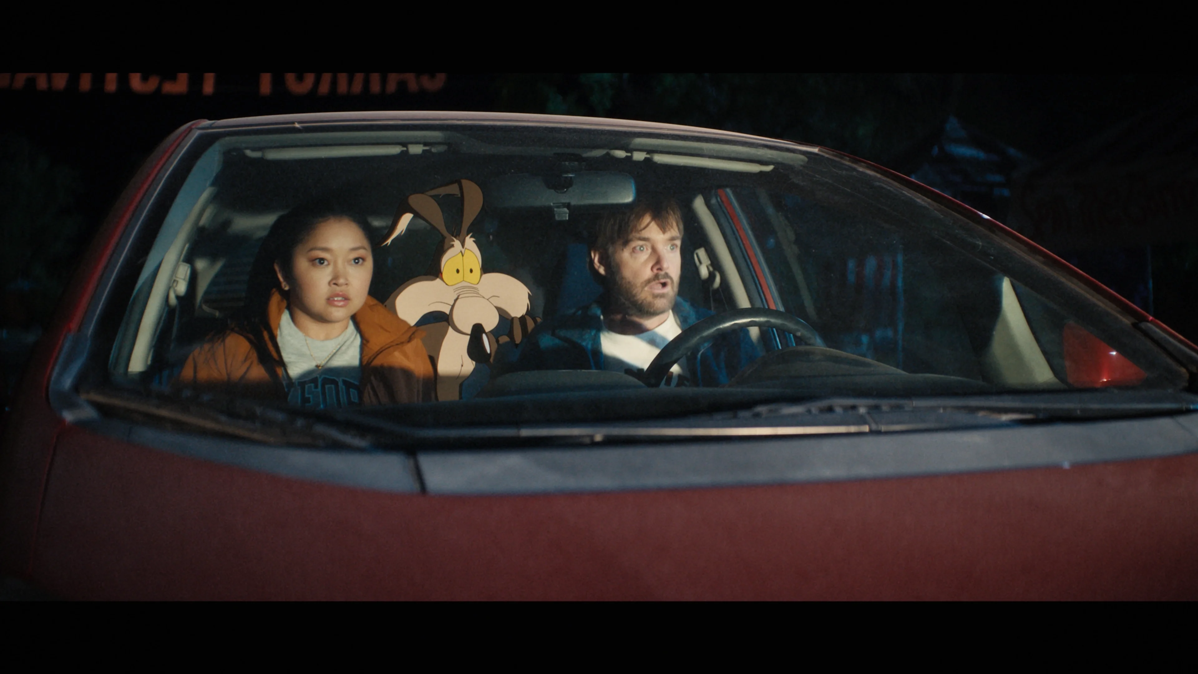 Paige Avery, Wile E. Coyote, and Kevin Avery ride together in Coyote vs. Acme.