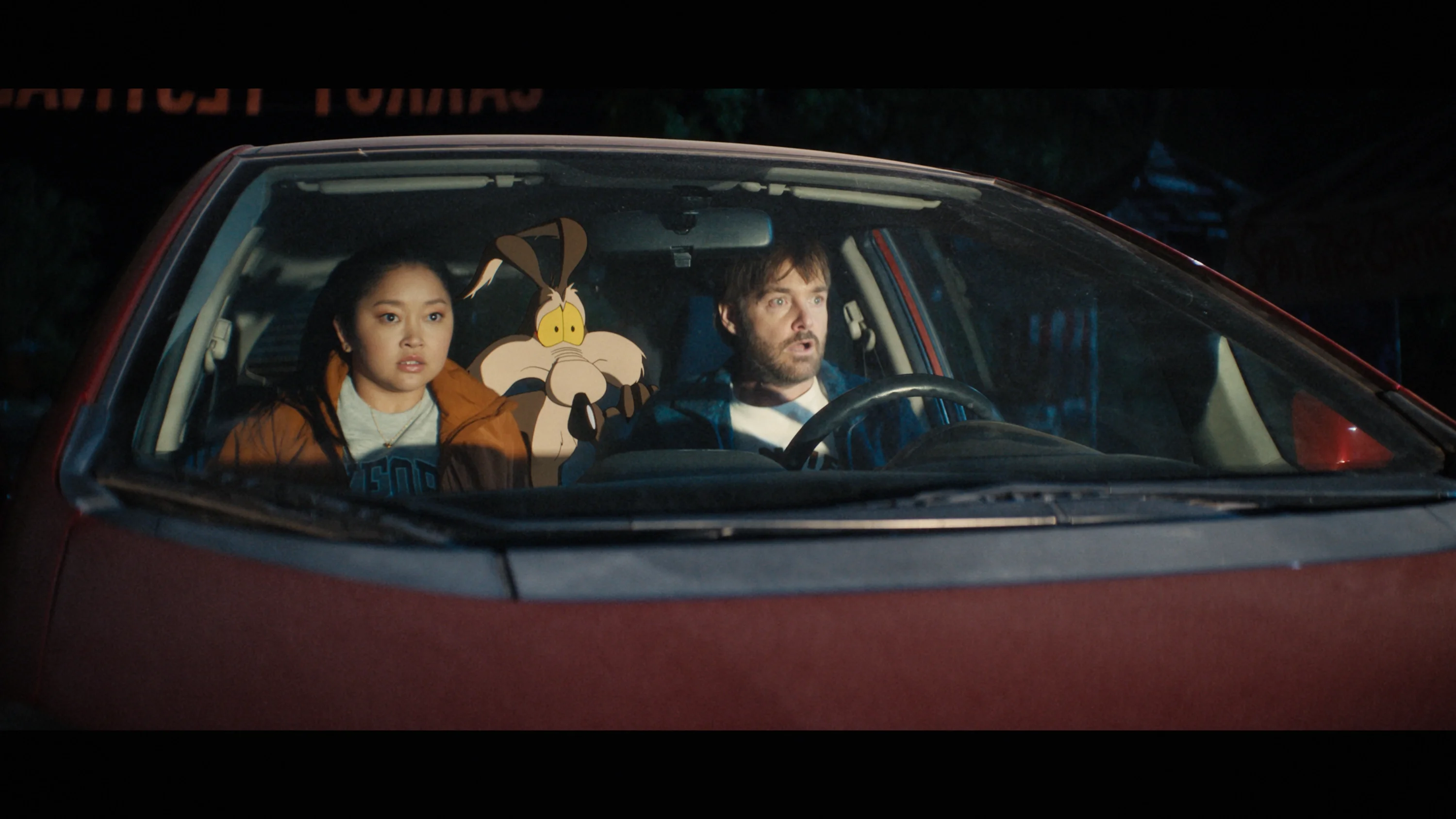 Paige Avery, Wile E. Coyote, and Kevin Avery ride together in Coyote vs. Acme.