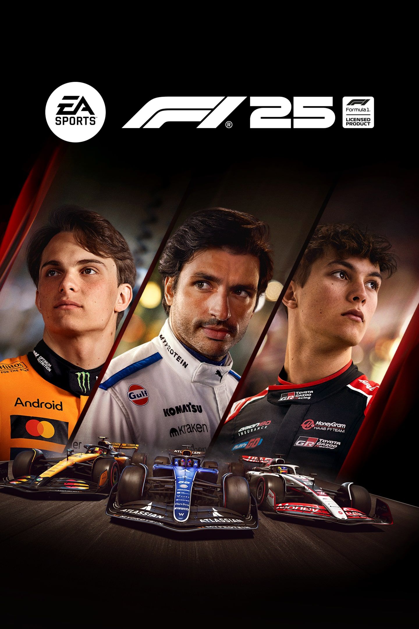 Official F1 25 Standard Edition artwork with Oscar Piastri, Carlos Sainz and Oliver Bearman.