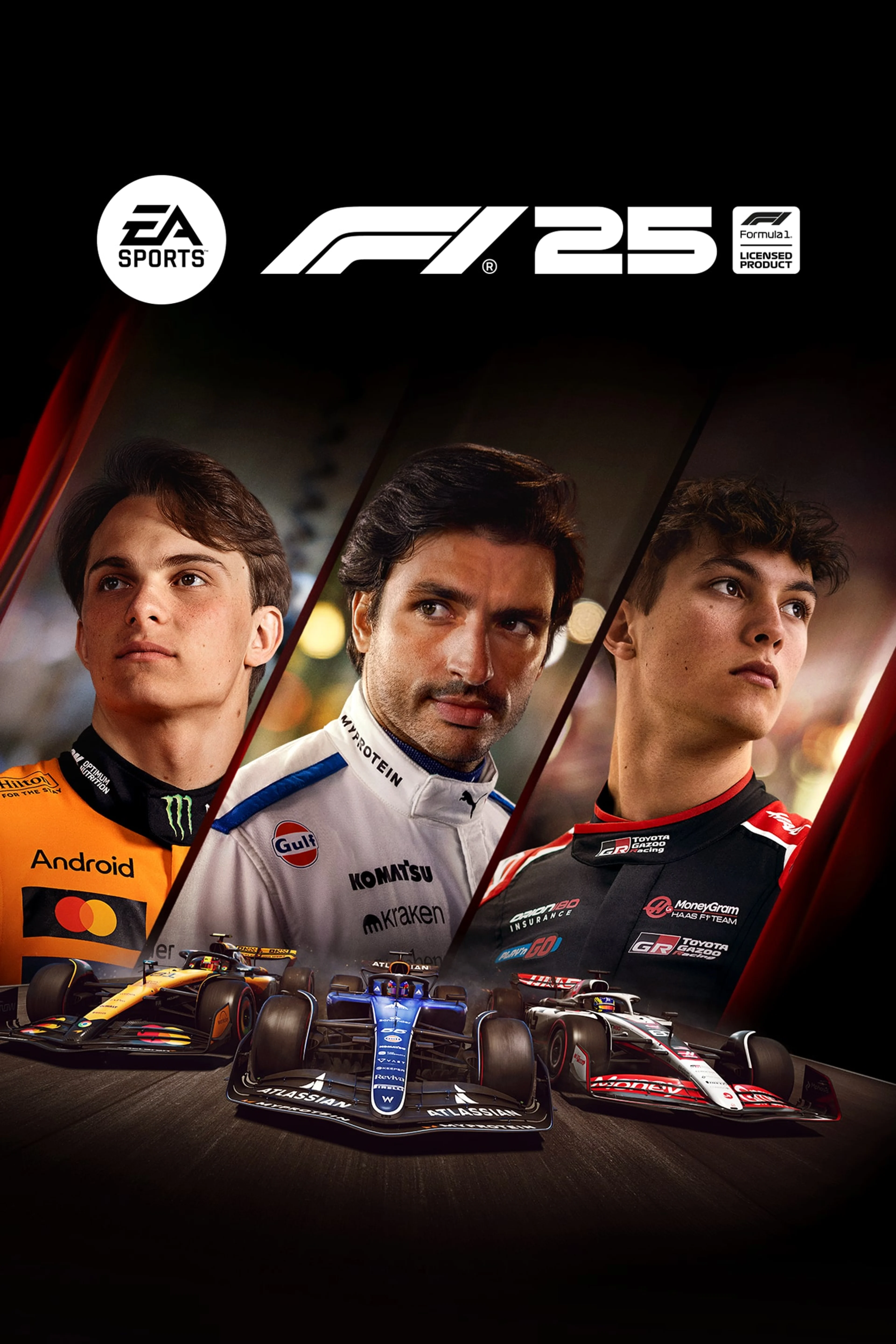 Official F1 25 Standard Edition artwork with Oscar Piastri, Carlos Sainz and Oliver Bearman.