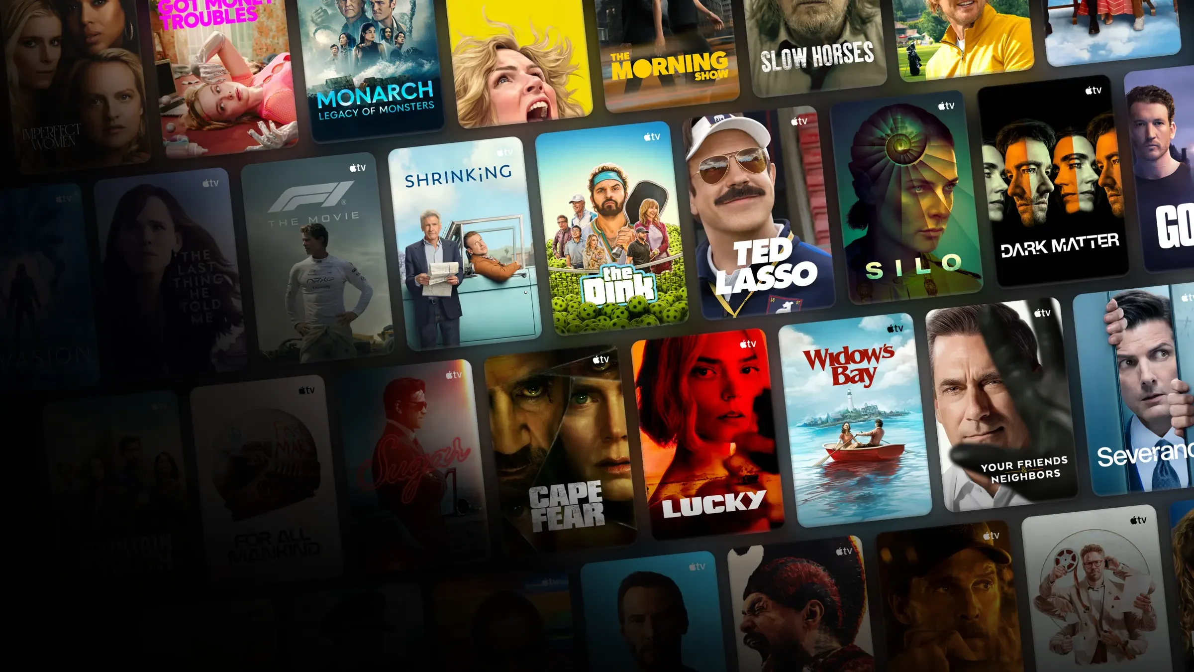 Apple TV catalog collage showing series and movie tiles including Dark Matter, Ted Lasso, Silo, and Slow Horses.