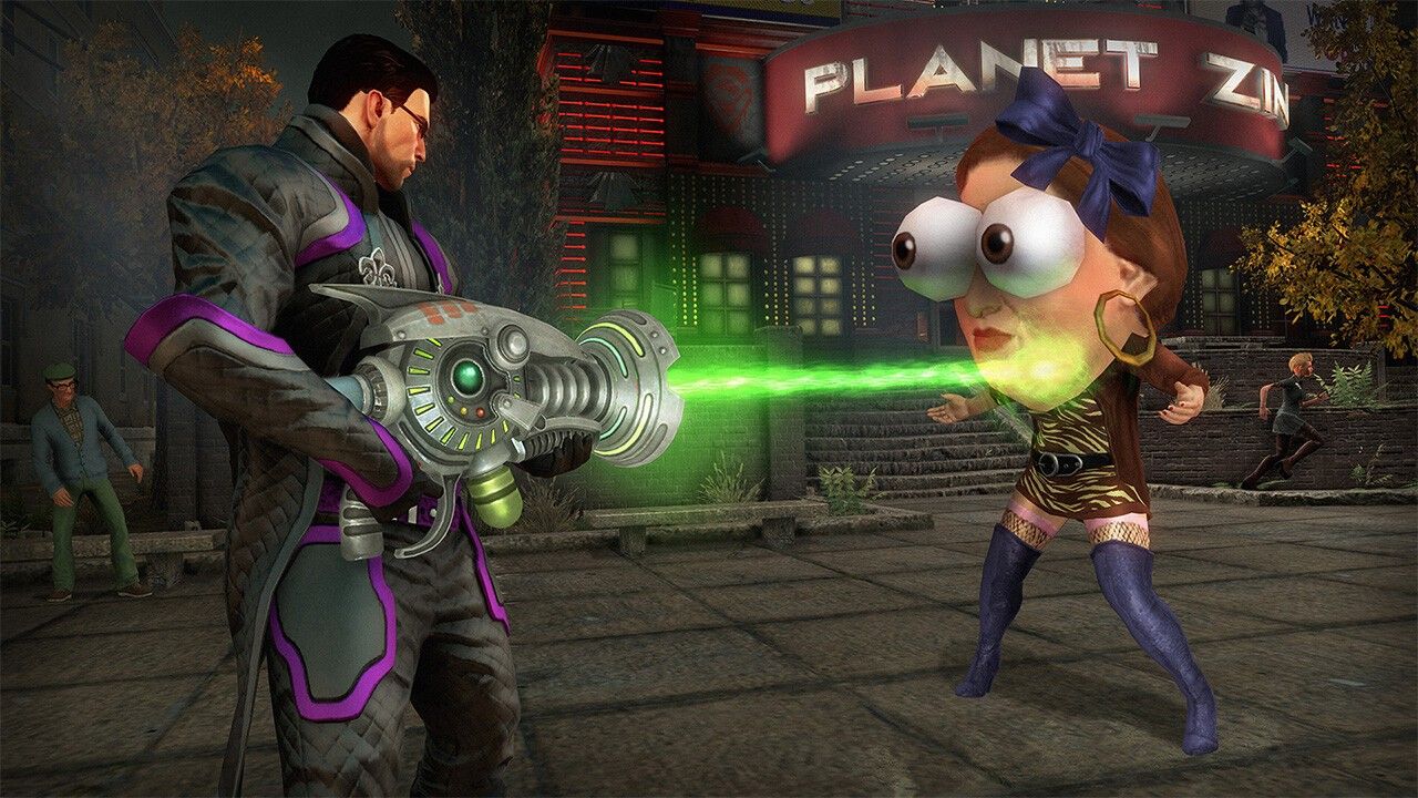 The Boss aims a green-lit weapon in a district full of alien-themed signs.