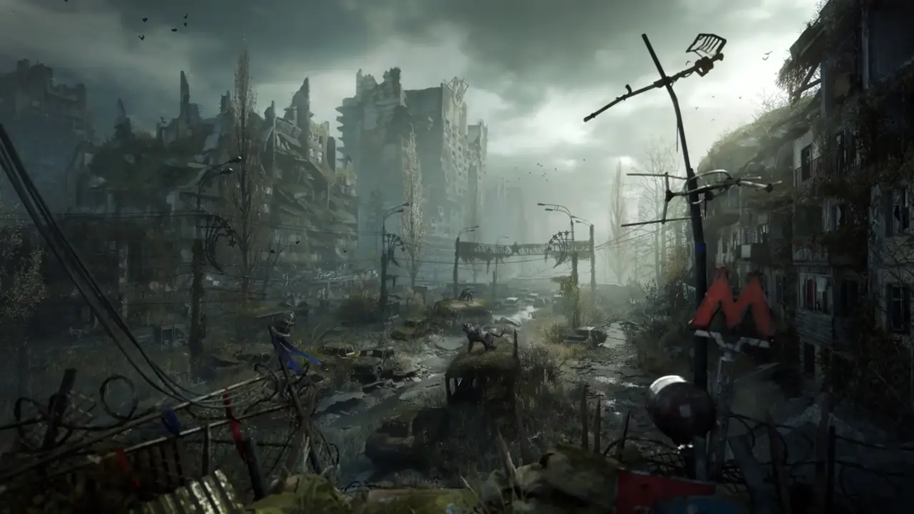 The ruins of Moscow stretch beyond a flooded road in official METRO 2039 gameplay imagery.
