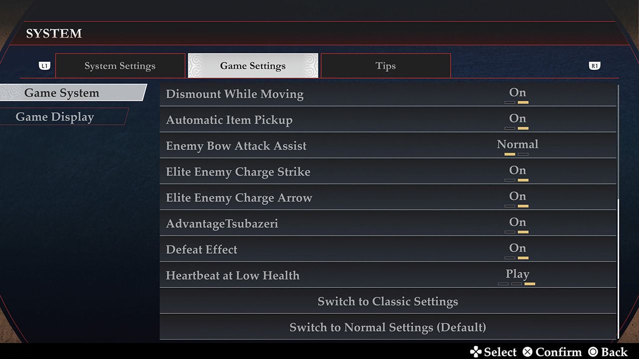 The system menu lists individual game settings and buttons to switch to Classic or Normal Settings.