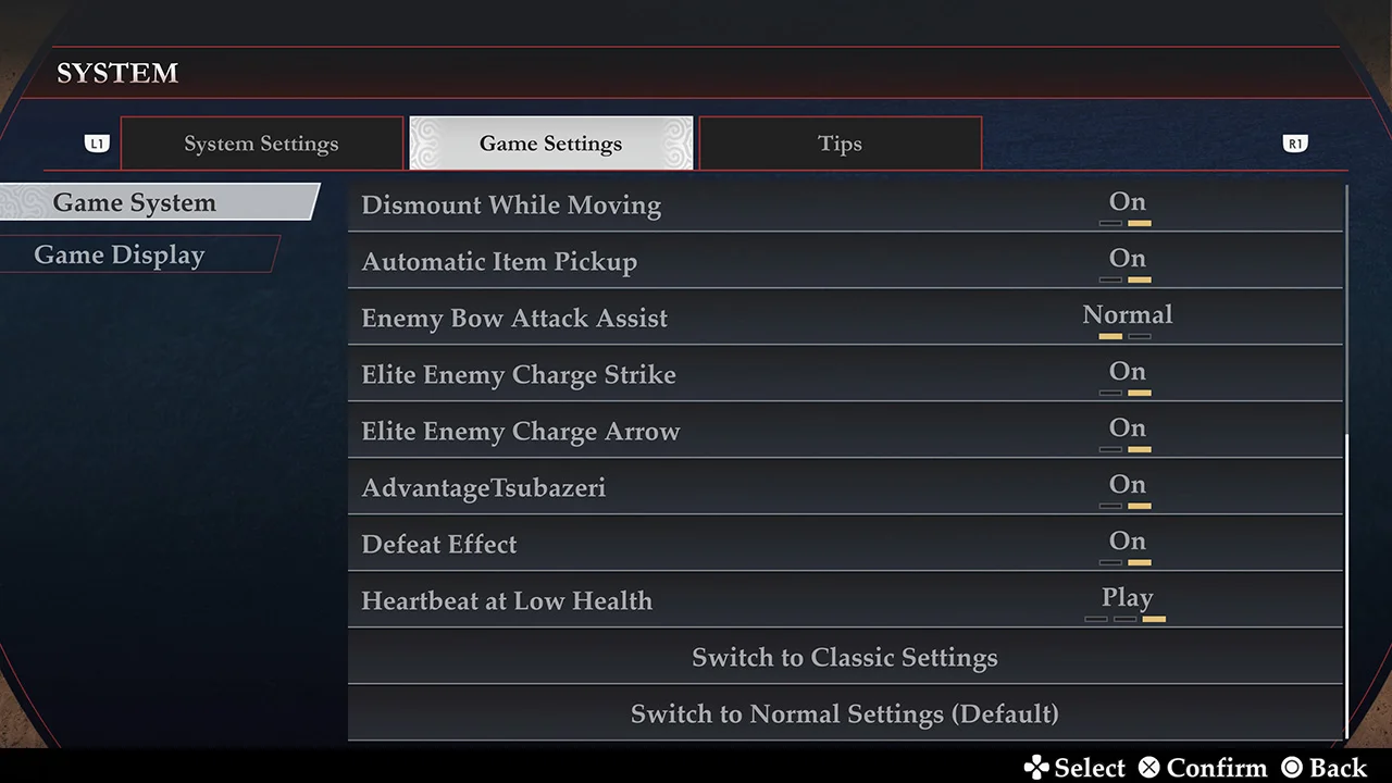 The system menu lists individual game settings and buttons to switch to Classic or Normal Settings.