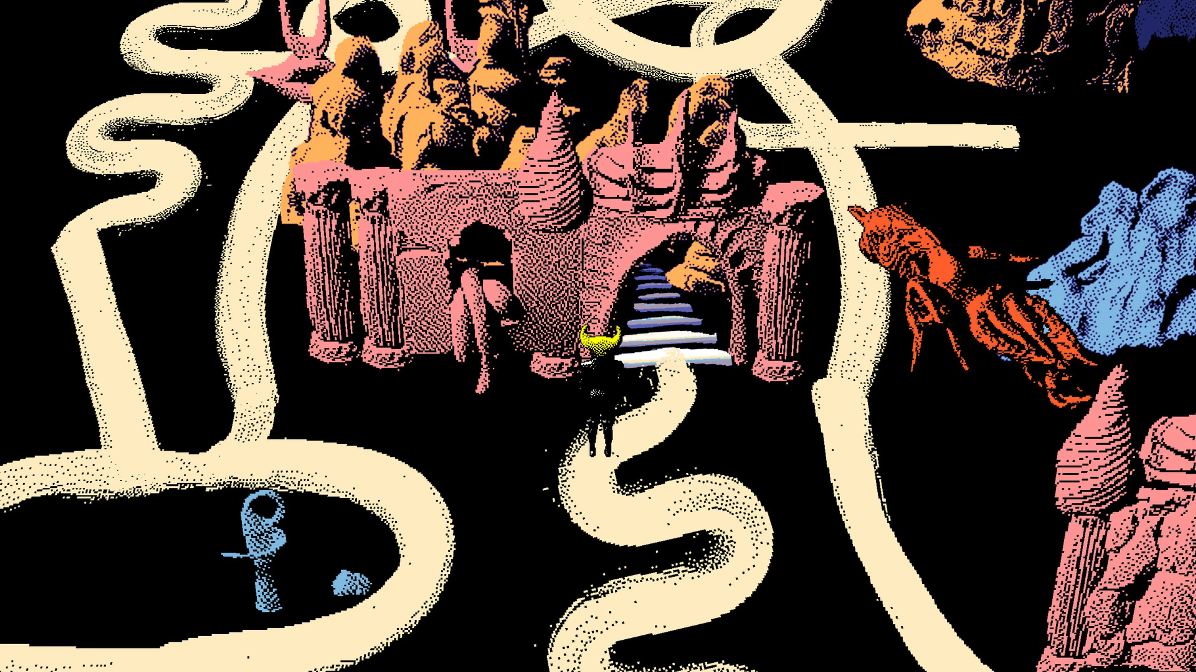 A black figure stands inside a colorful, twisting organic landscape in Hylics 2.