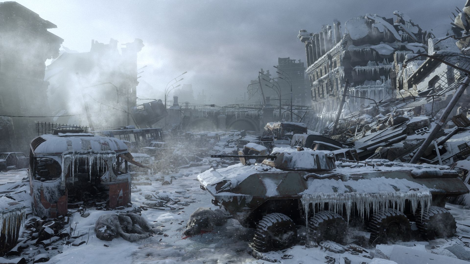 A snowy street with damaged buildings and abandoned vehicles shows the remains of the old world.