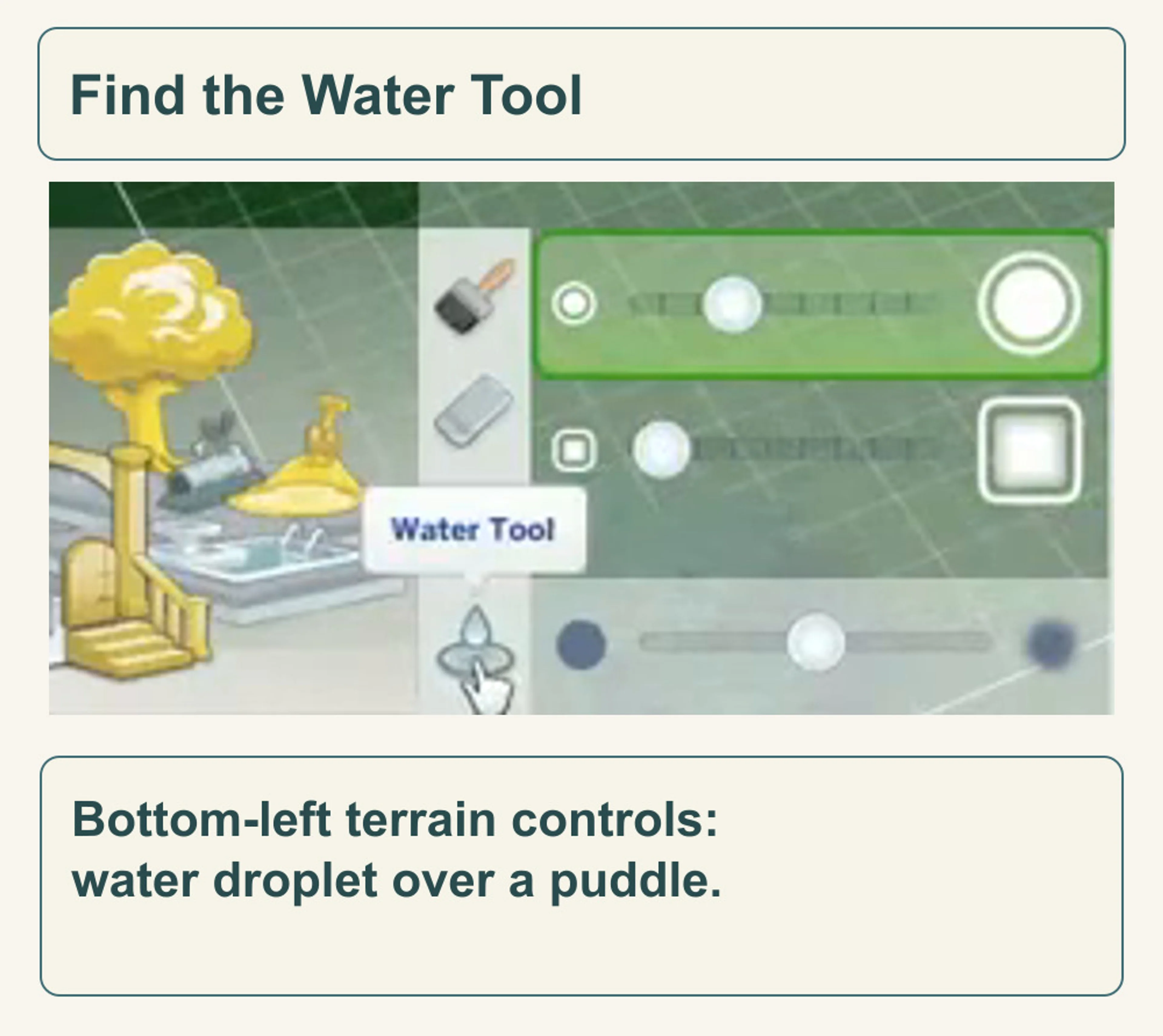 Official terrain toolbar detail shows the Water Tool tooltip above the droplet-over-puddle icon.