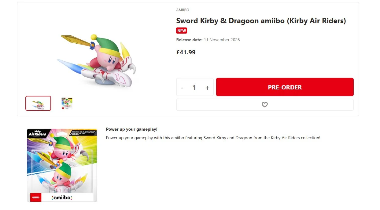 A removed Nintendo UK listing showing a November 11 date for a Kirby Air Riders amiibo.