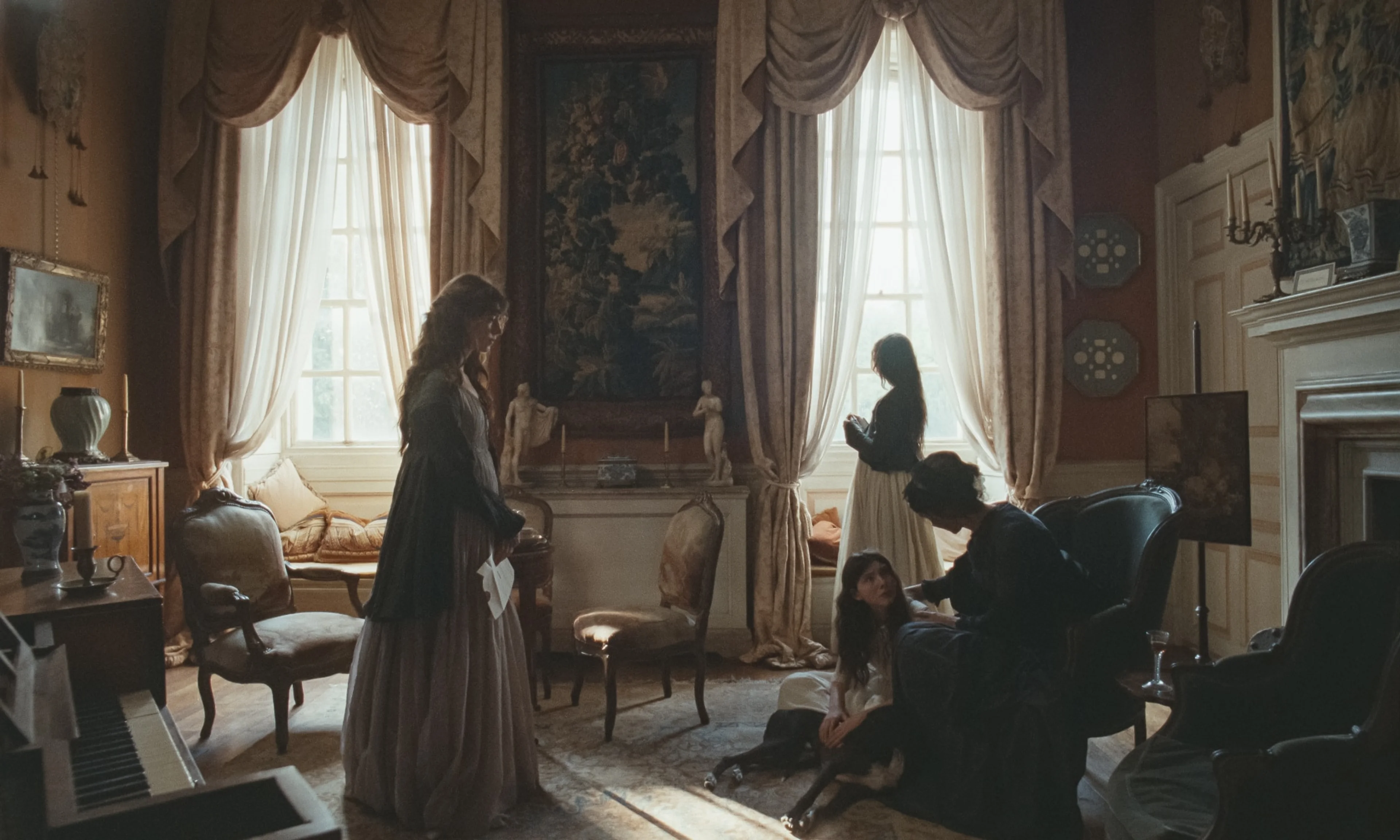 The Dashwood women gather in a large room with tall windows, a piano and upholstered chairs.