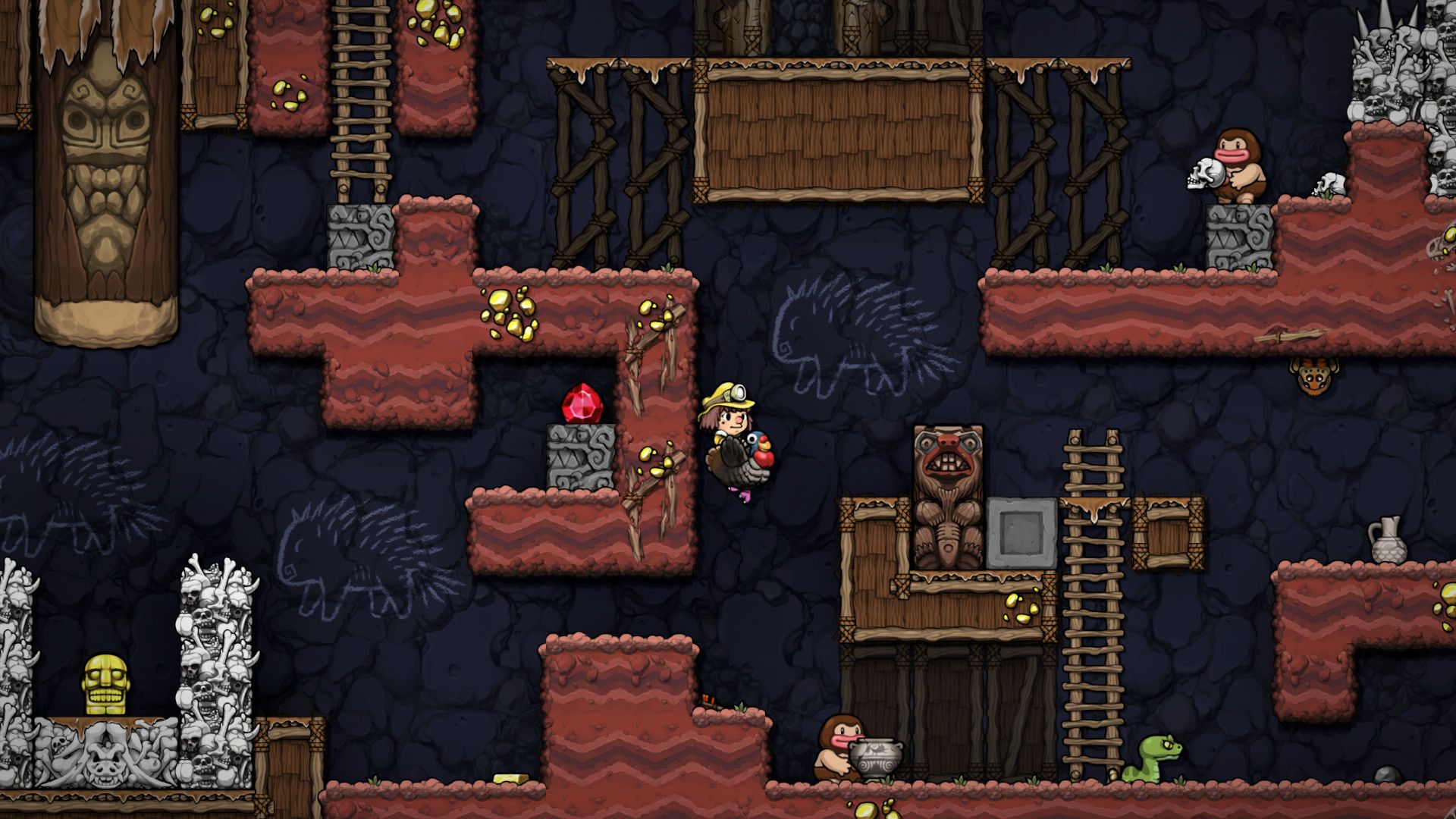 A side-view cave shows platforms, ladders and hazards around a small explorer.