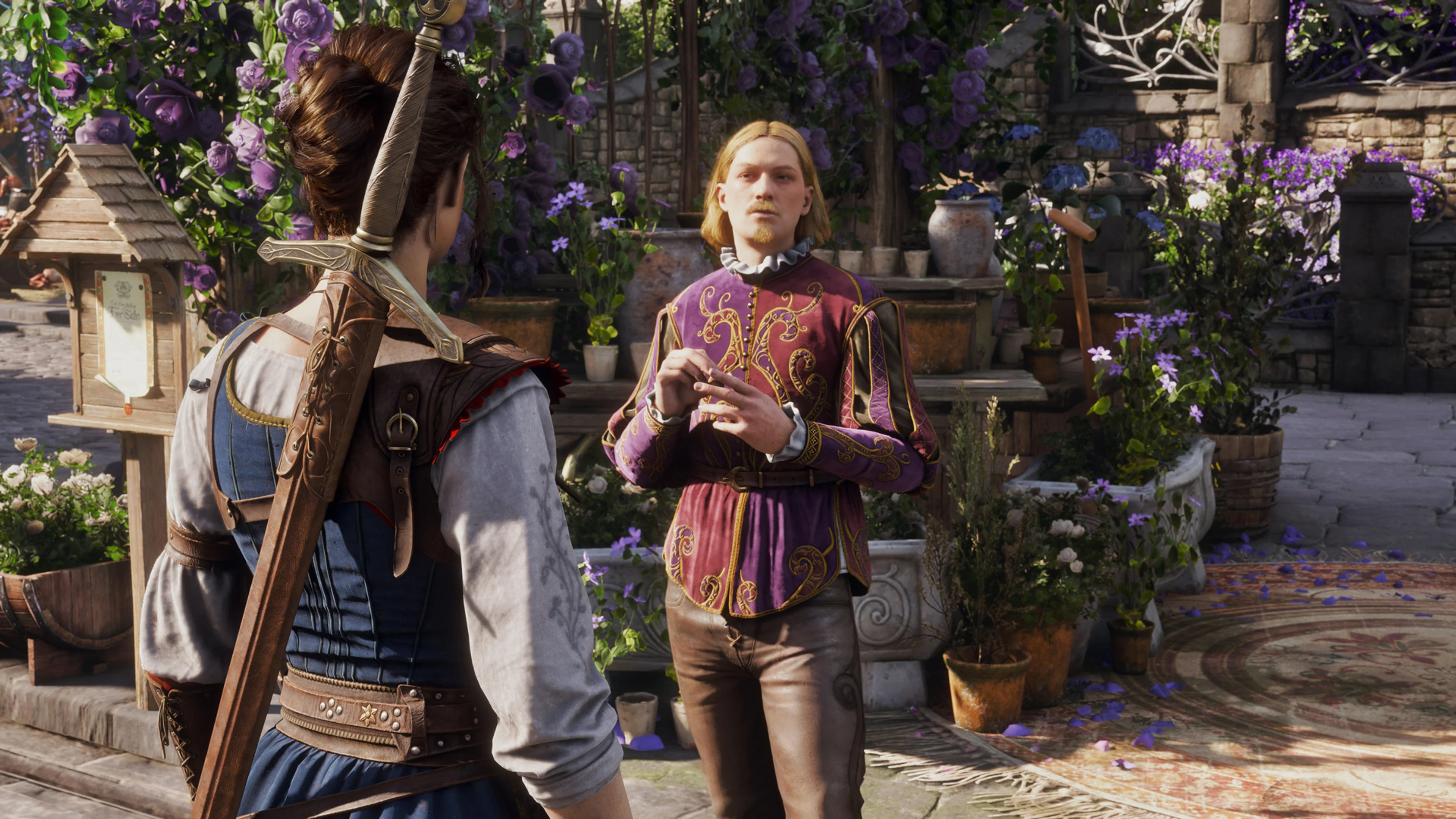 The Fable Hero speaks with a villager in a flower-filled courtyard.