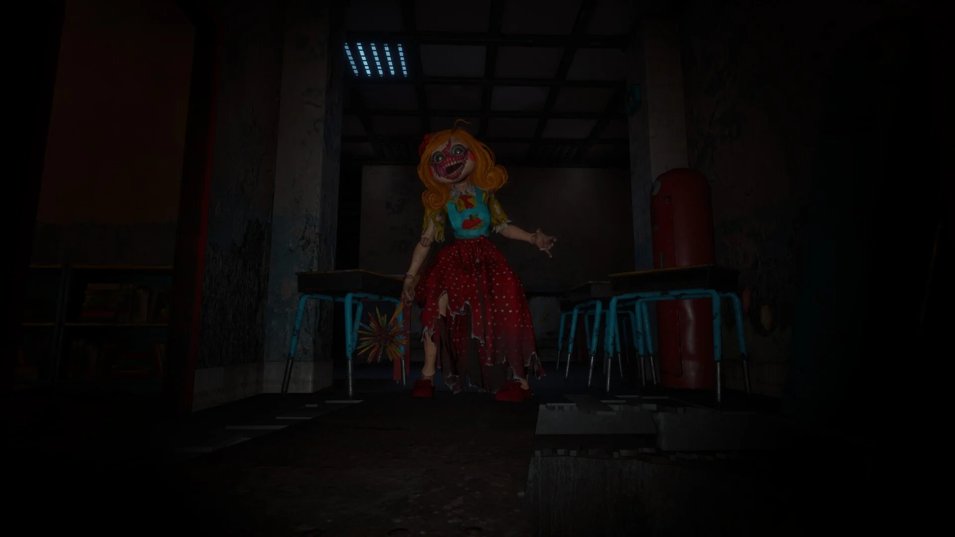 A doll-like enemy advances through a dark factory classroom in Escape From Playtime.