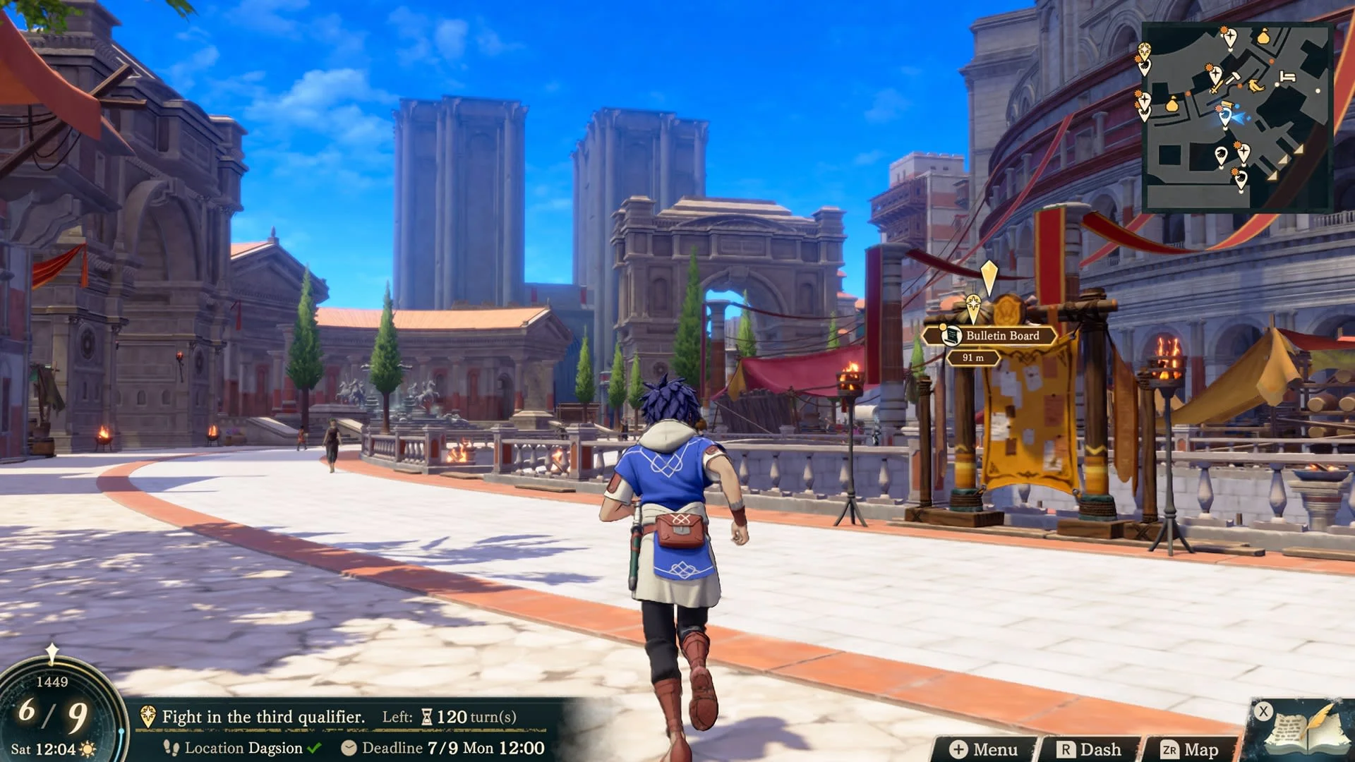Cai walks across Dagsion’s open plaza toward its buildings and noticeboard.