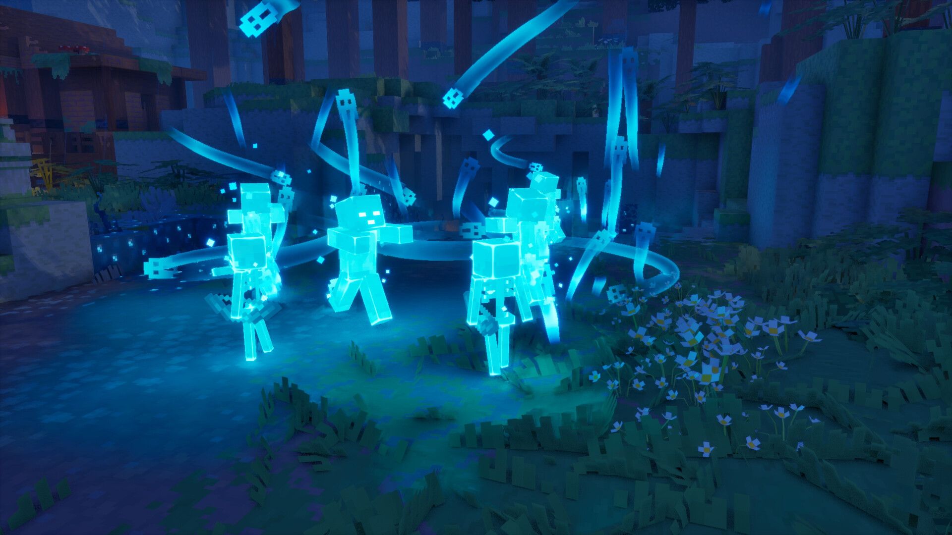 Heroes fight blue-lit ghosts.