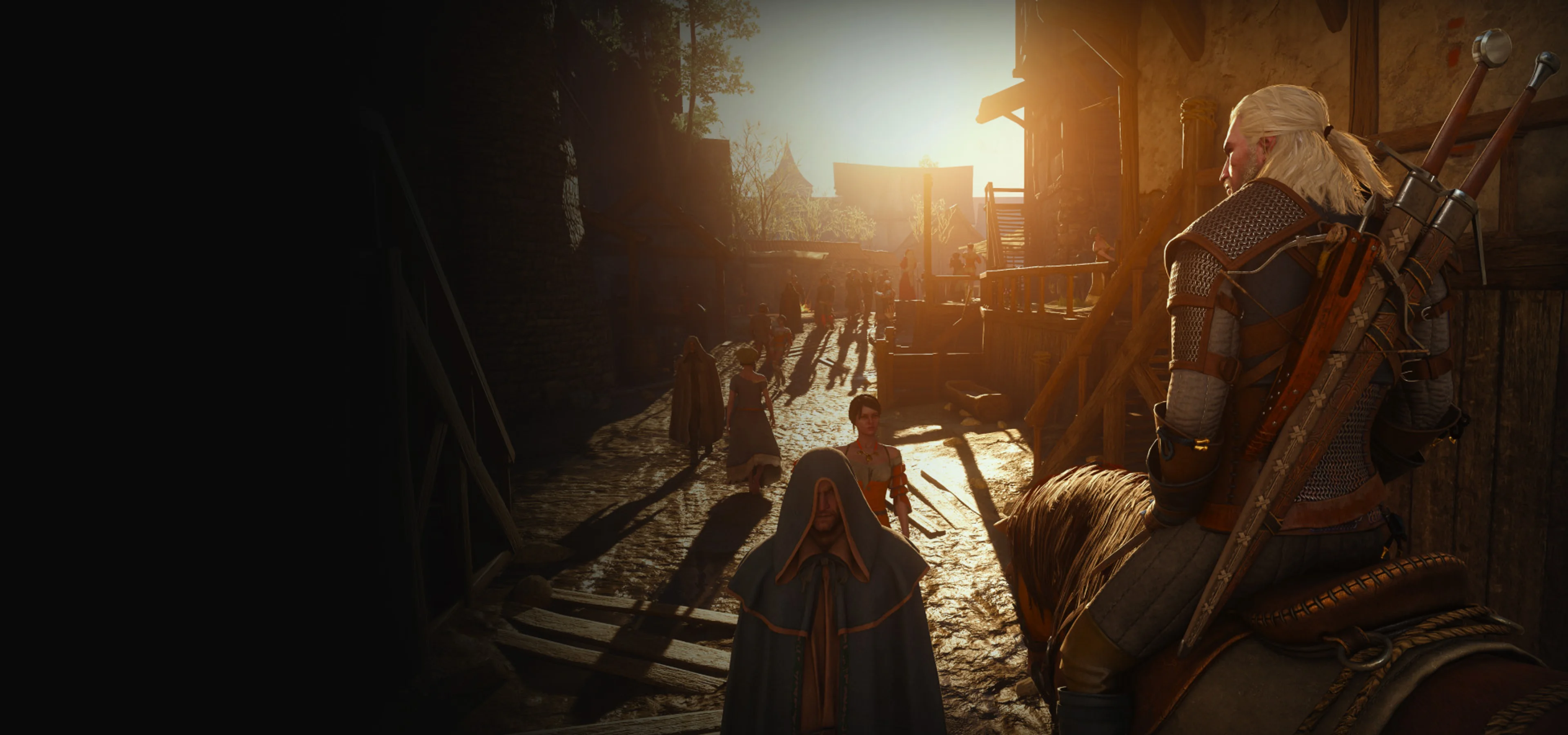 Geralt rides Roach through a village in official The Witcher 3 Remastered artwork.