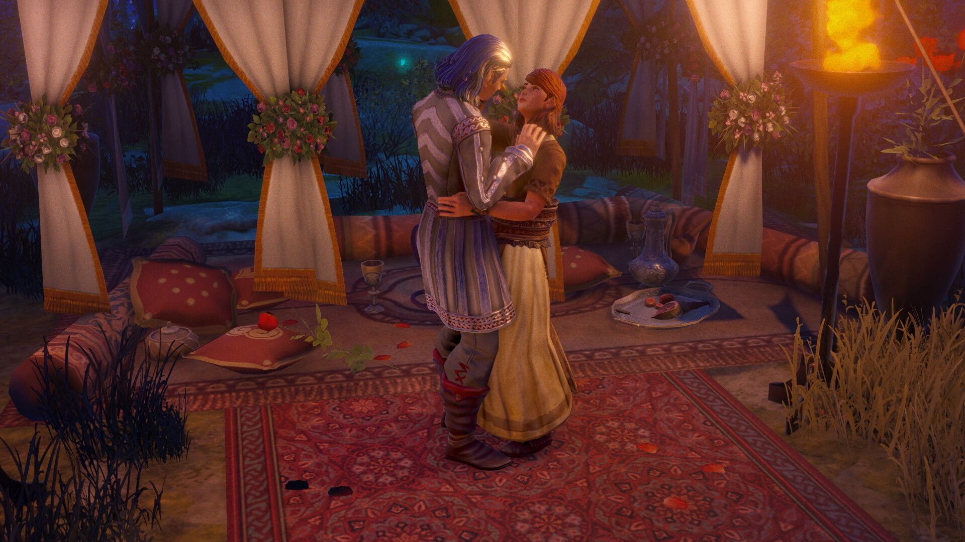 Two characters embrace inside a tent, showing the story’s personal relationships.