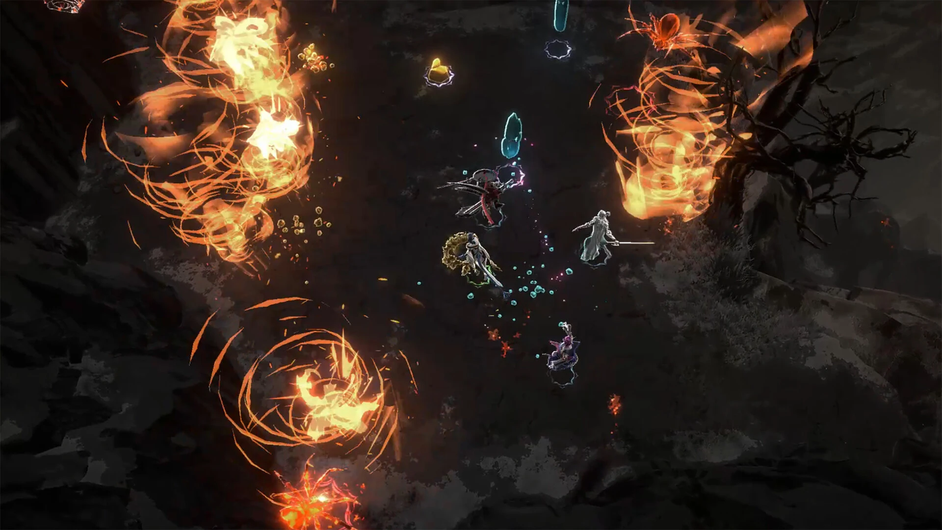 A Traveler fires a bright attack through a crowded dream-world battlefield.