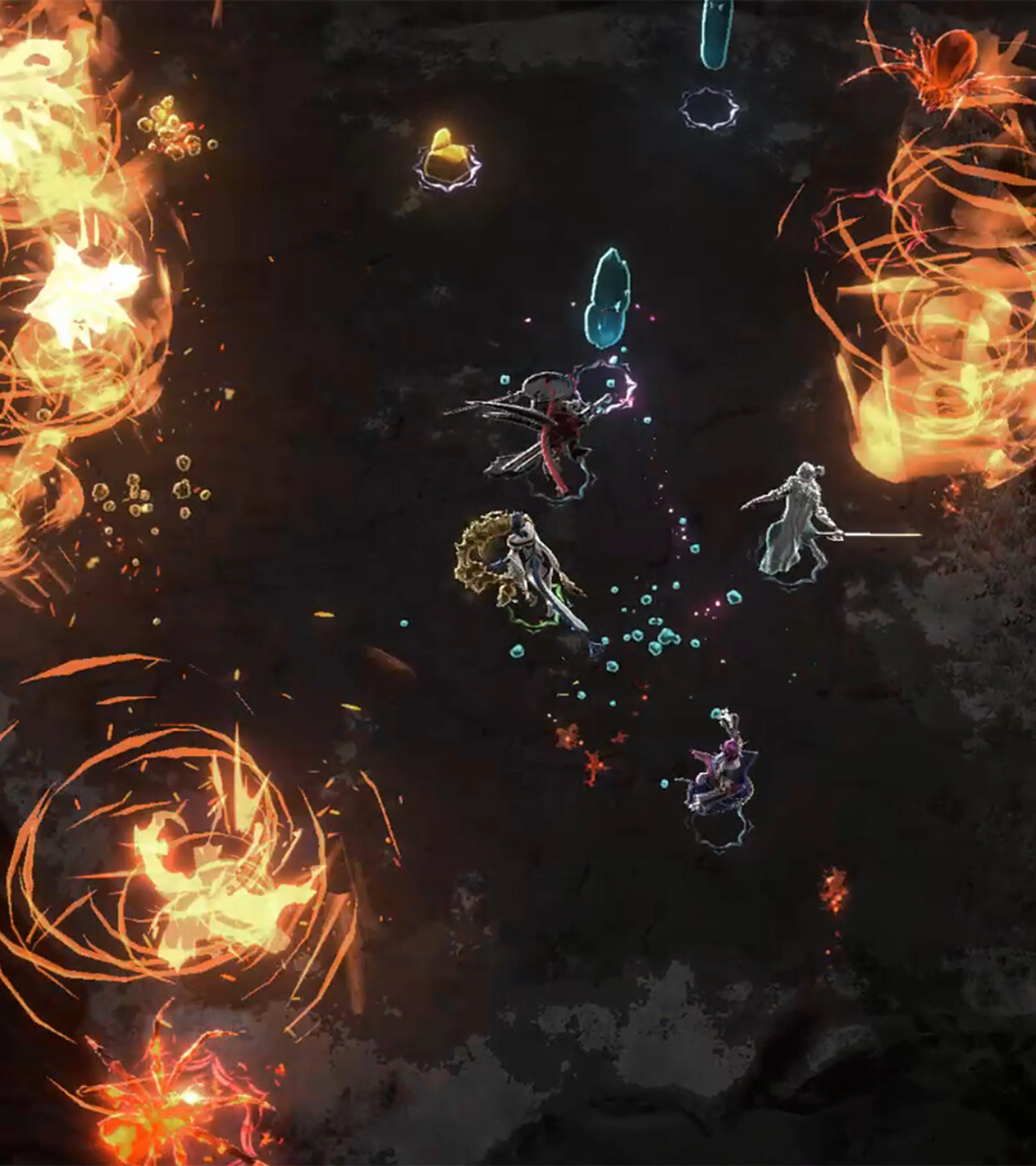 A Traveler fires a bright attack through a crowded dream-world battlefield.