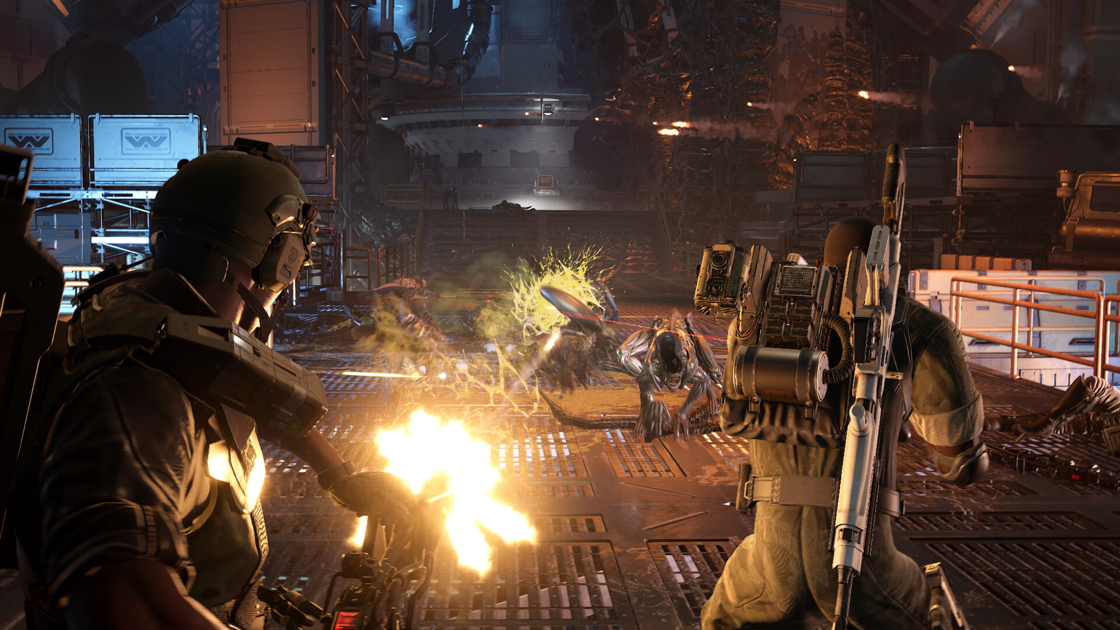 Two marines fire at a xenomorph in Aliens: Fireteam Elite 2.