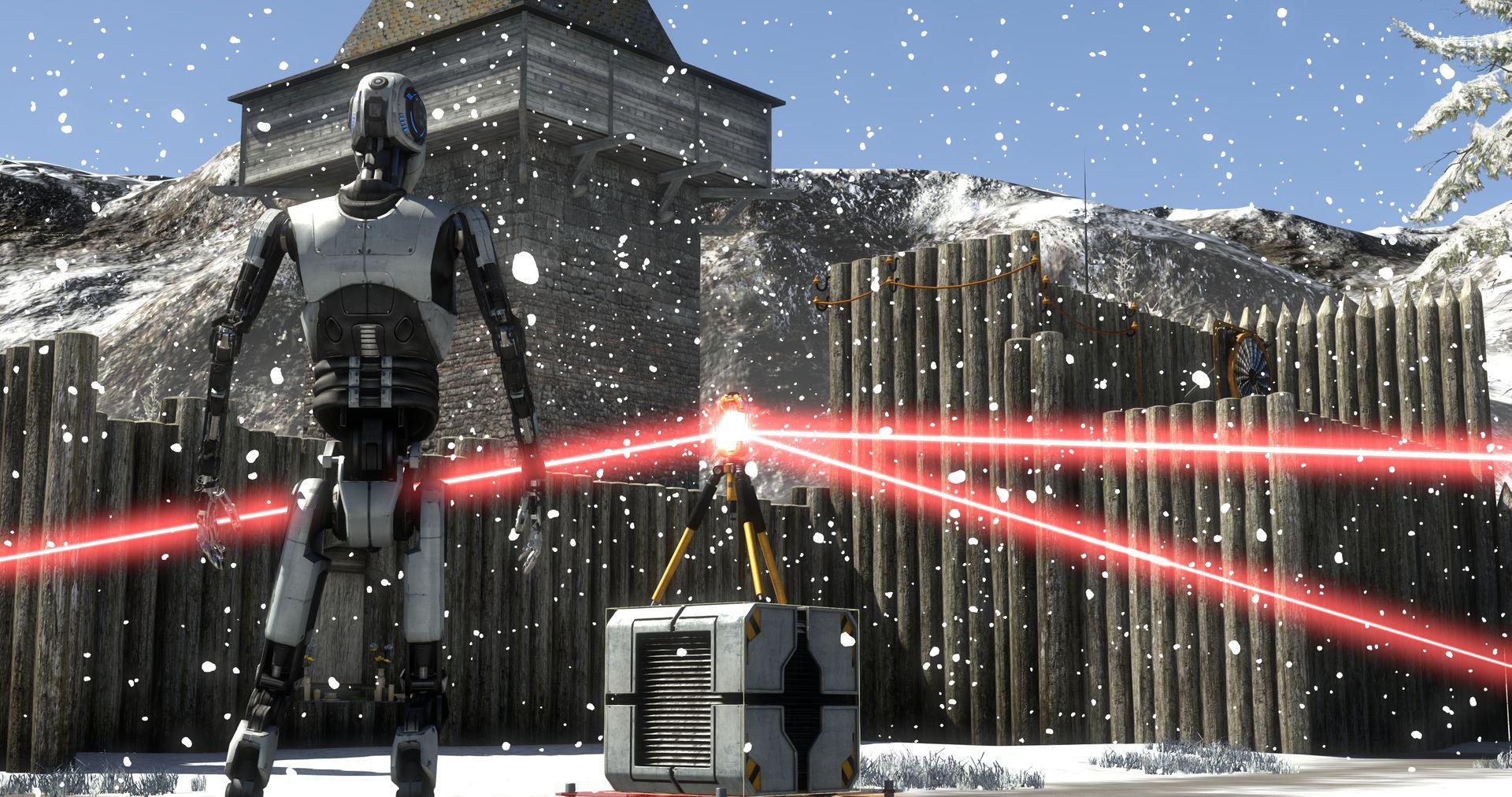 The robot walks toward a red laser in a snow-covered complex.