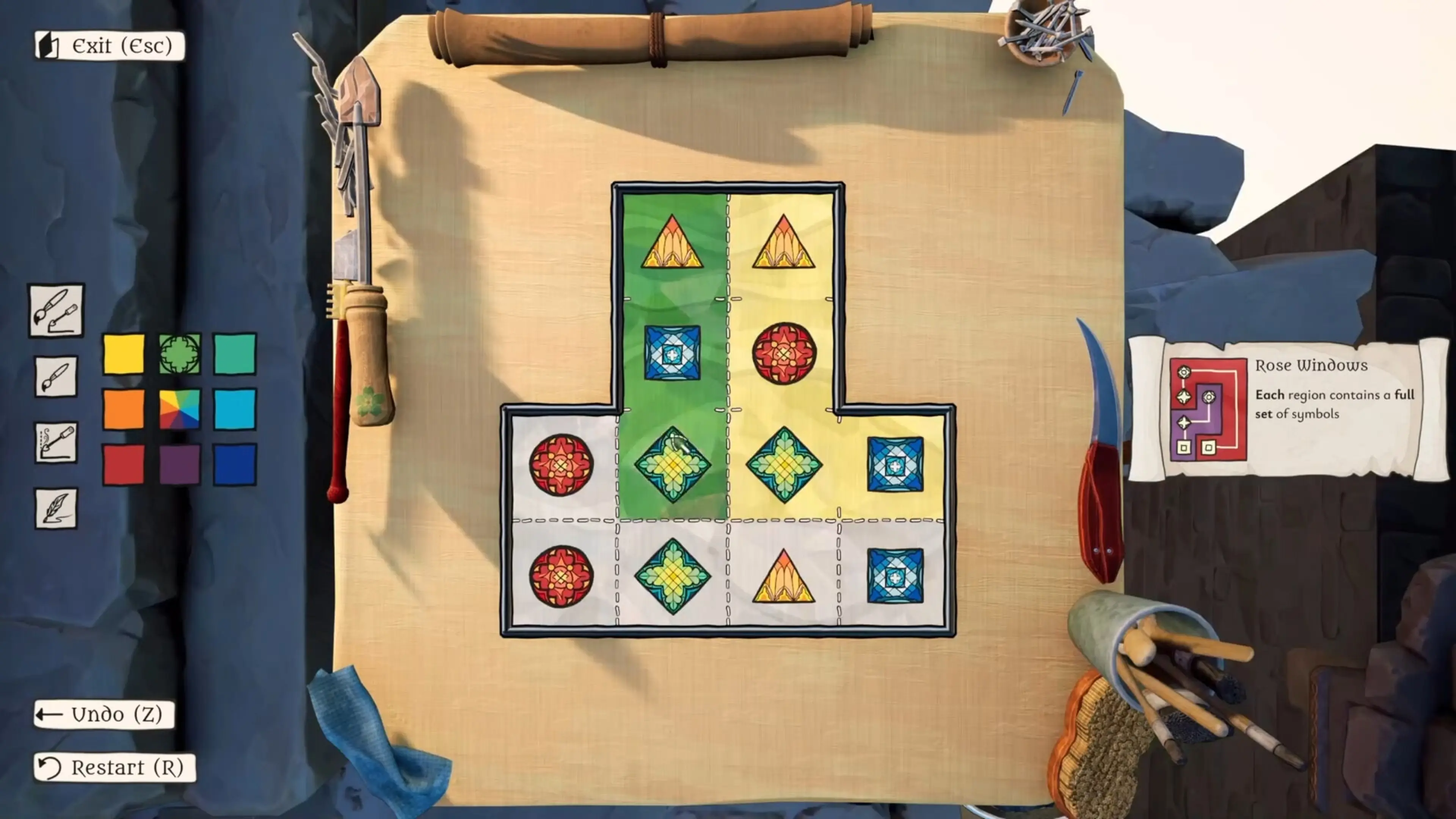 A stained-glass puzzle board displays colored shapes and artisan tools in The Artisan of Glimmith.