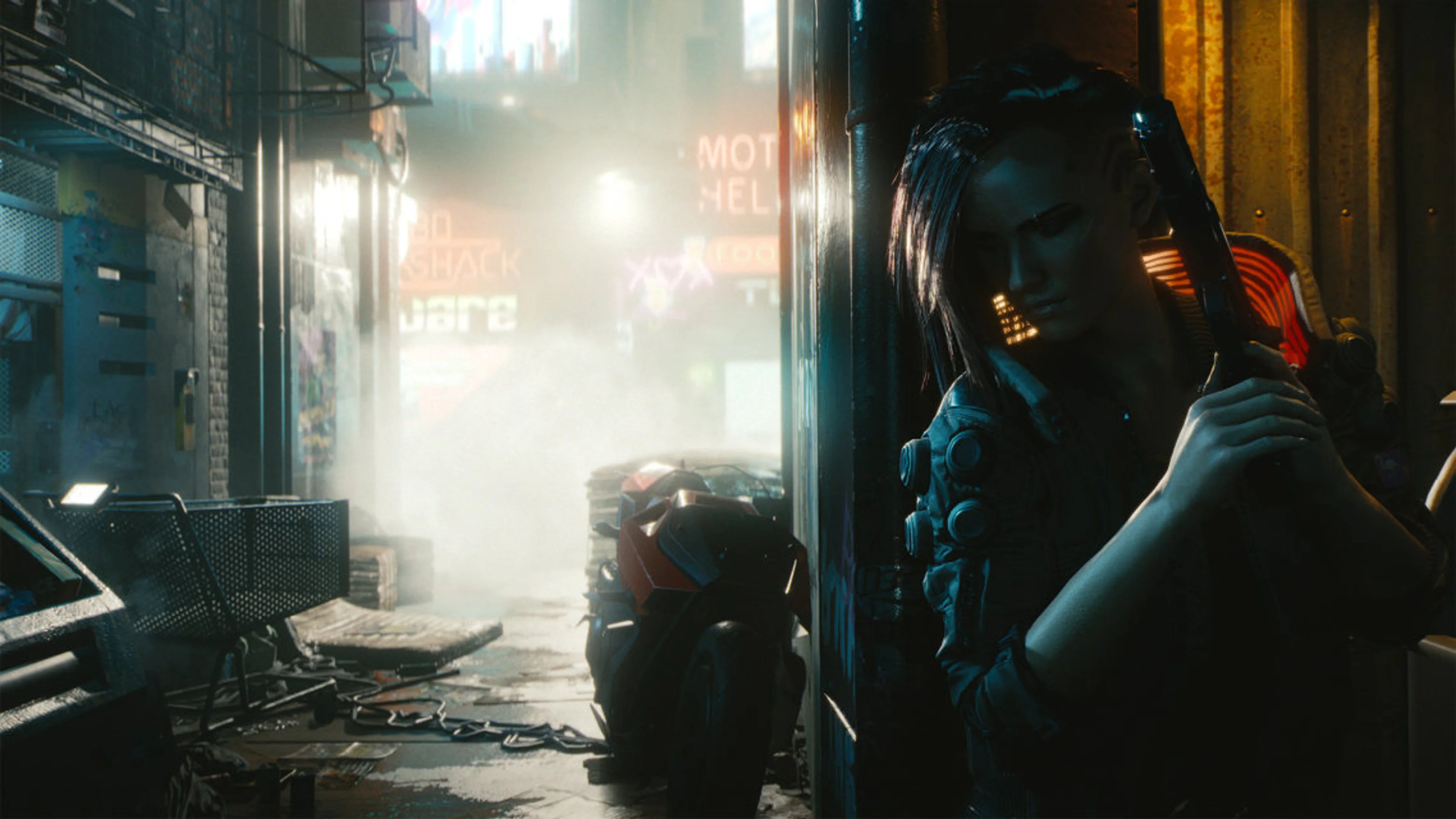 Official Cyberpunk 2077 story image showing V tucked into a tense Night City alley.