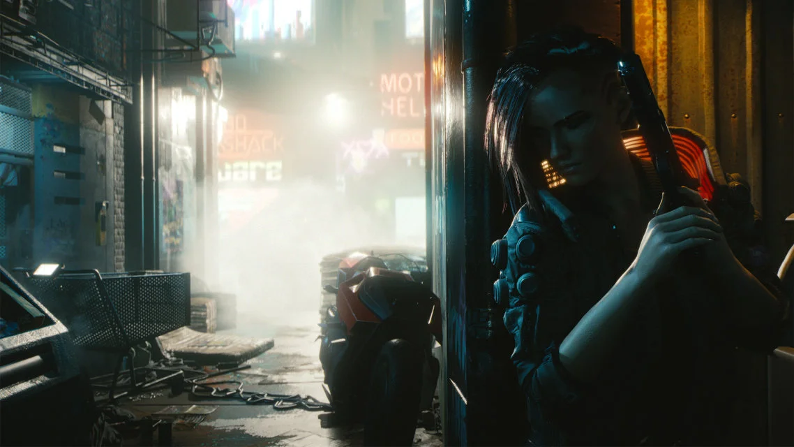 Official Cyberpunk 2077 story image showing V tucked into a tense Night City alley.