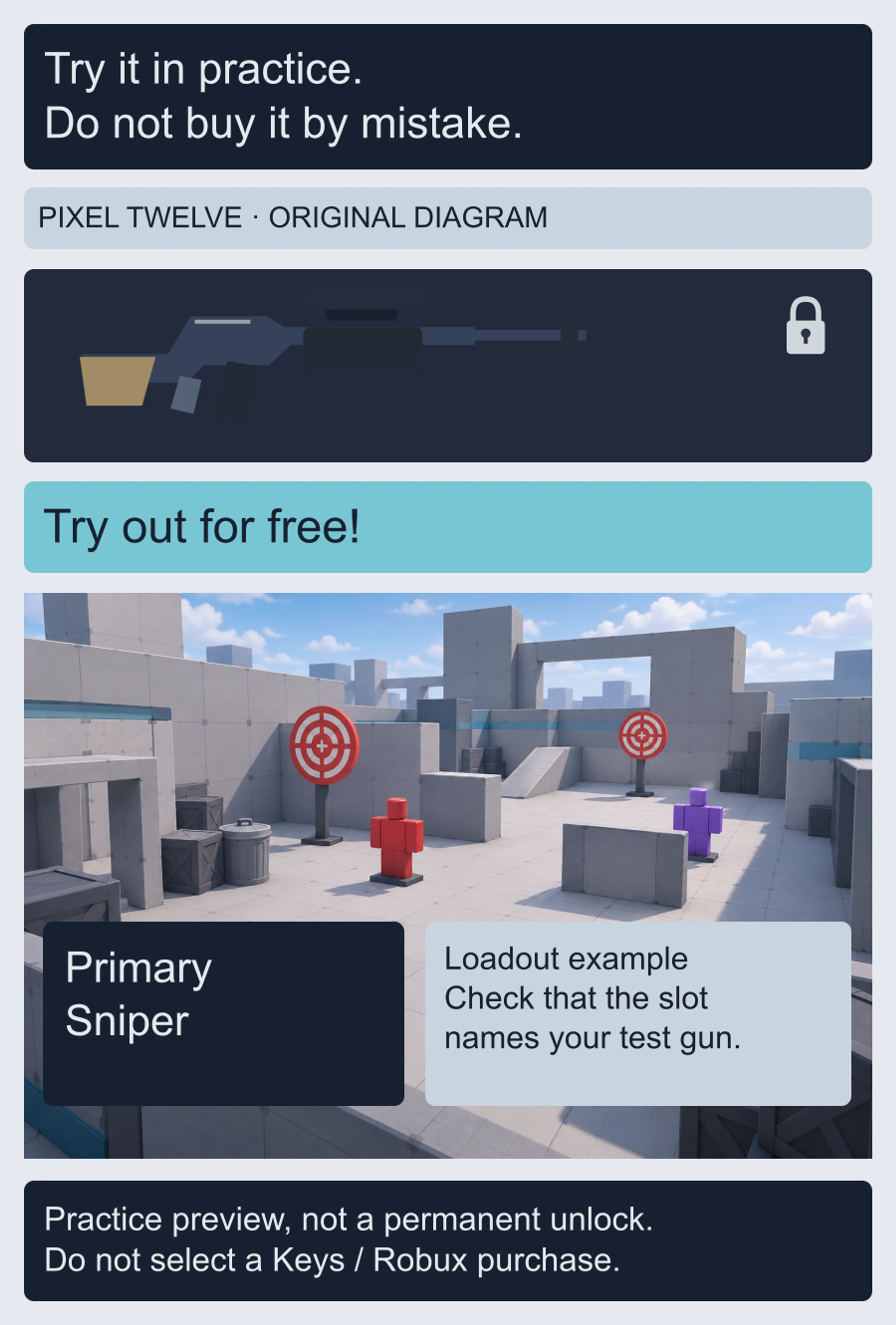 Original diagram pairs the Try out for free button with a conceptual RIVALS-style practice area and a Primary slot naming Sniper, and separates preview access from a permanent unlock.