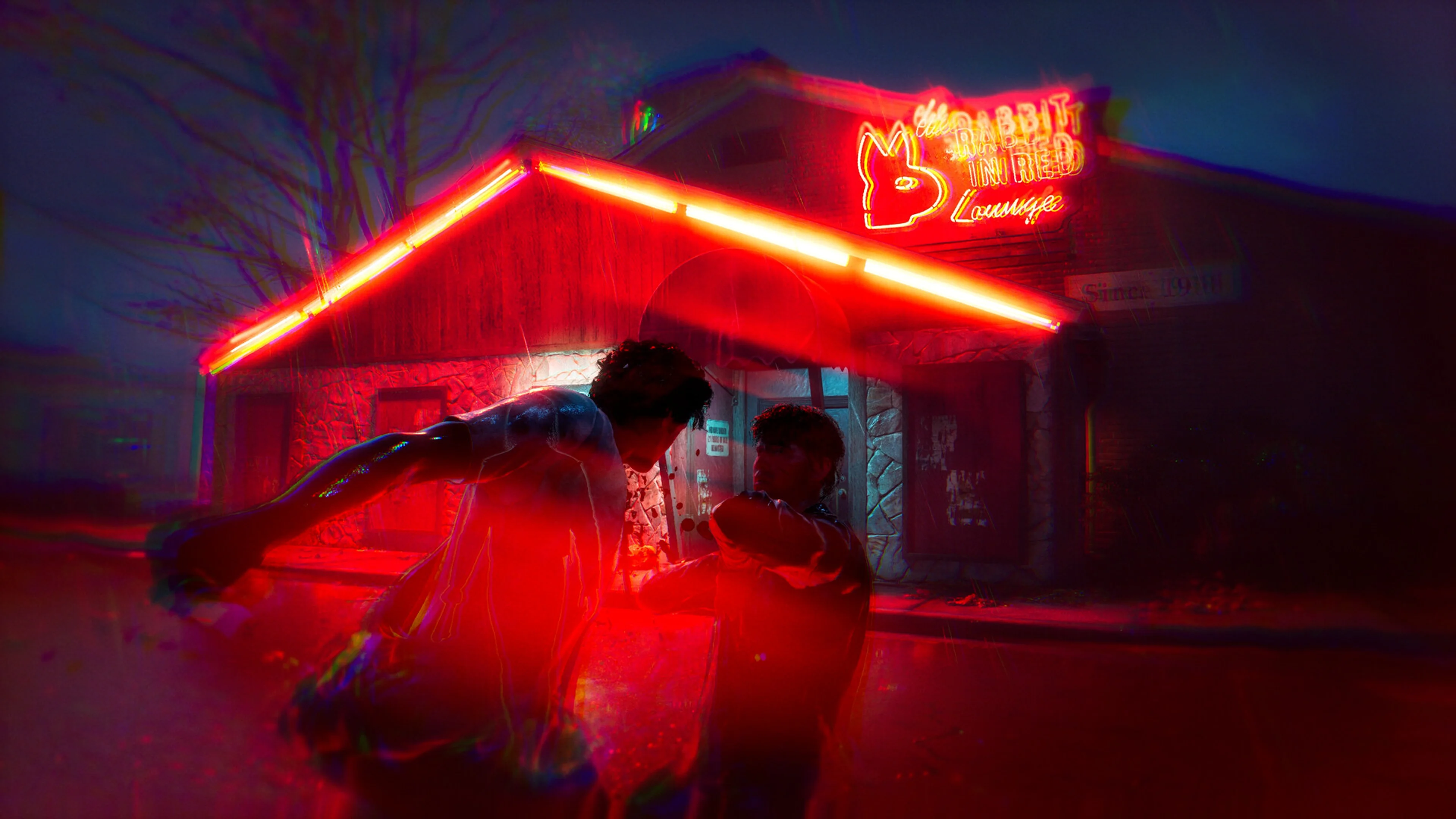 Two characters struggle outside the neon Rabbit in Red Lounge in Halloween: The Game.