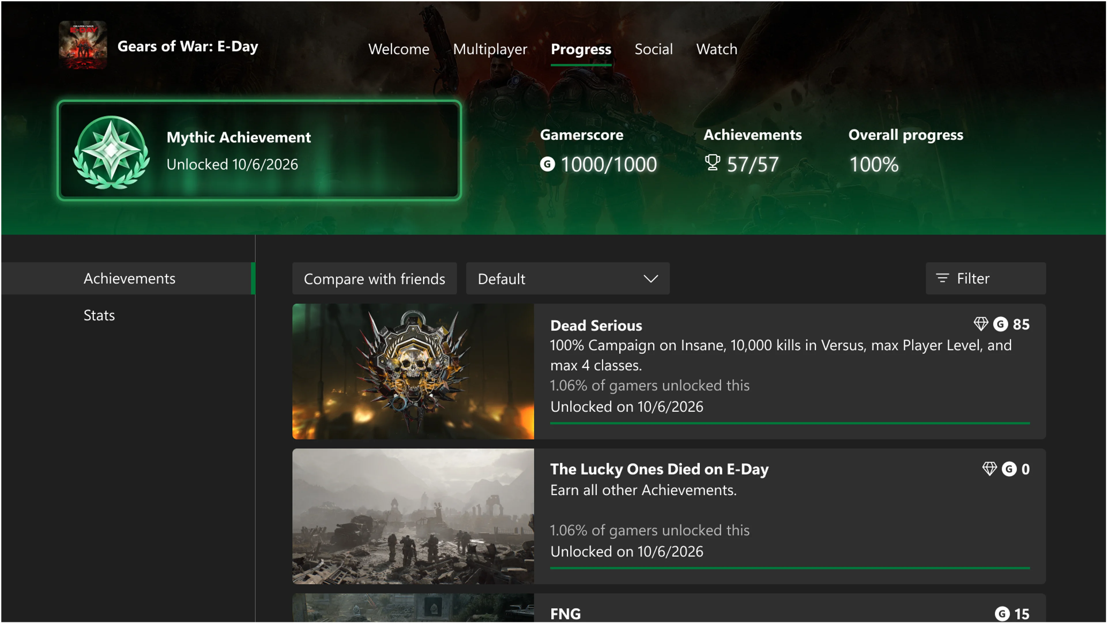 Xbox game achievement page showing an earned Mythic badge and a completed original achievement list.